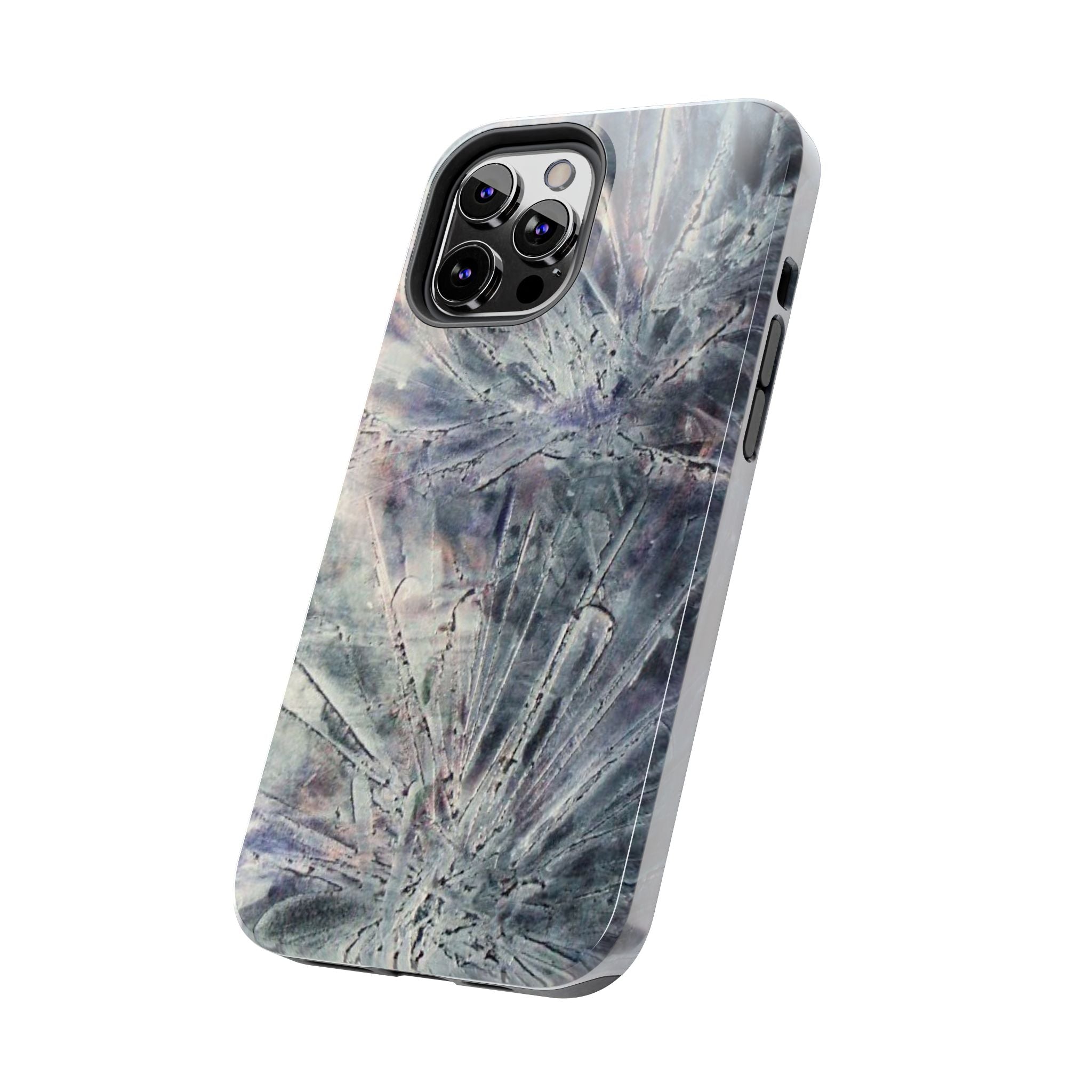 Phone case in abstract bursts of silver crystal design with rubber lining for strong impact and UV protection