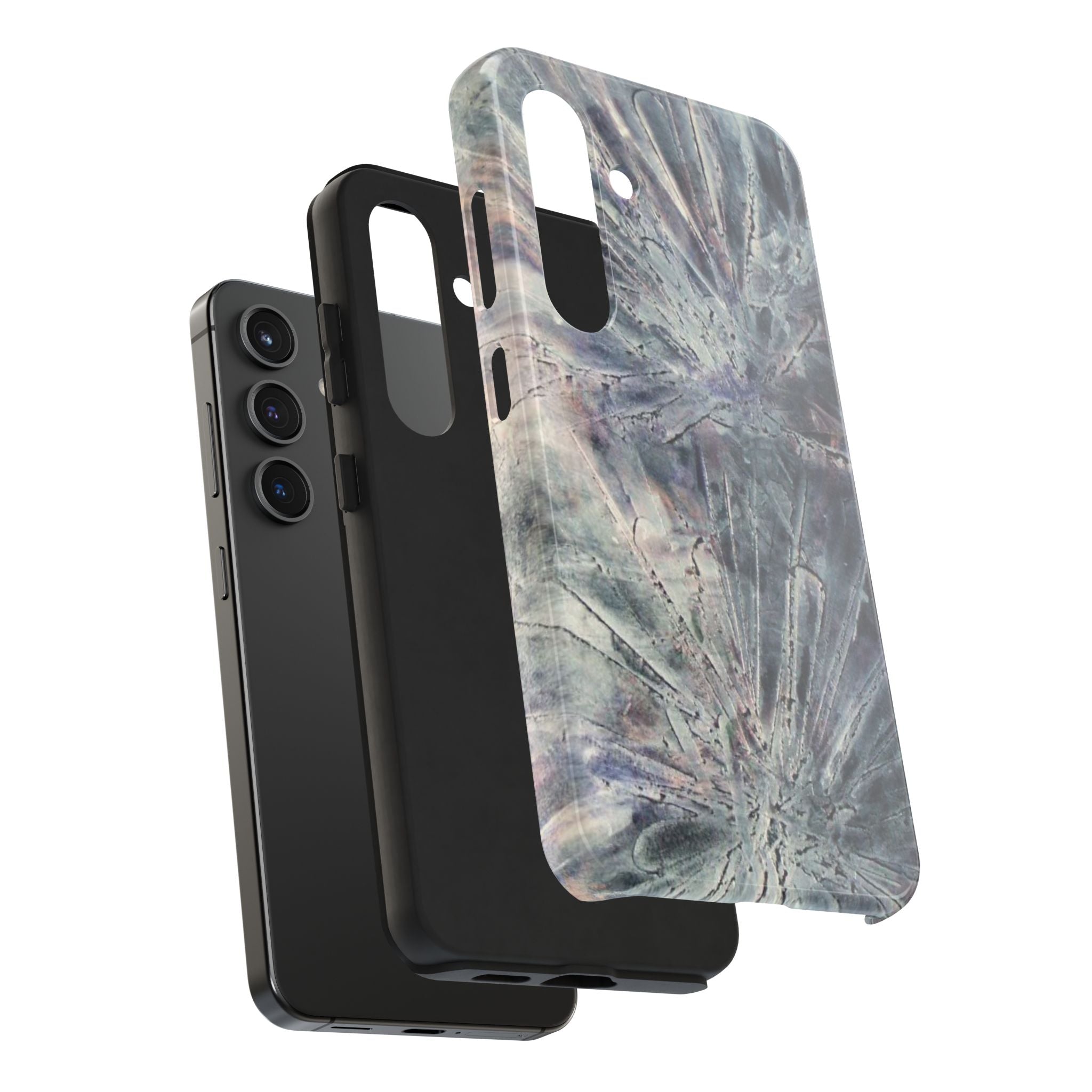 Phone case in abstract bursts of silver crystal design with rubber lining for strong impact and UV protection
