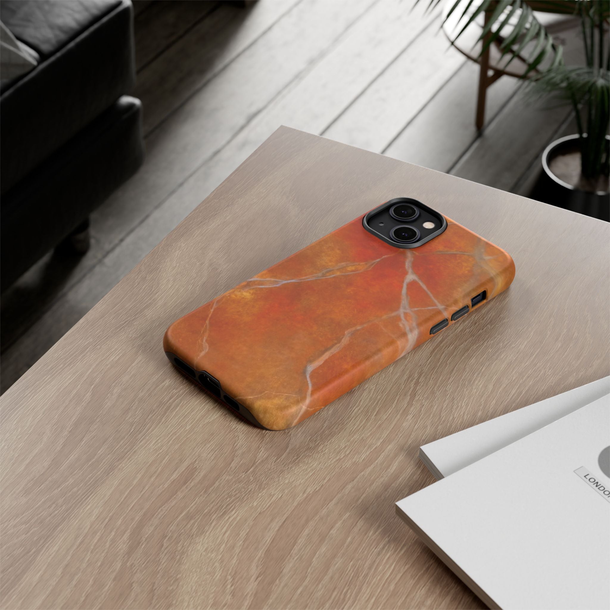 Phone case in sophisticated red orange marble design that is impact resistant tough in glossy or matte finish