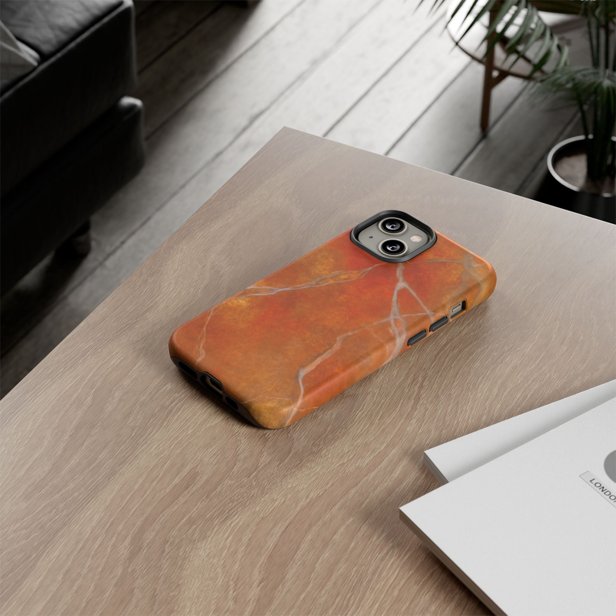 Phone case in sophisticated red orange marble design that is impact resistant tough in glossy or matte finish