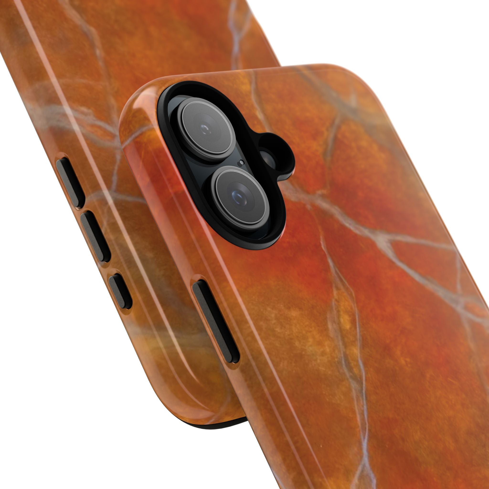Phone case in sophisticated red orange marble design that is impact resistant tough in glossy or matte finish