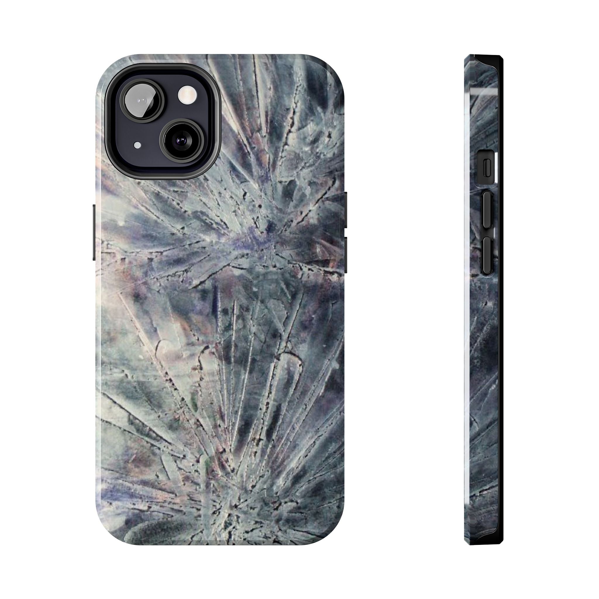 Phone case in abstract bursts of silver crystal design with rubber lining for strong impact and UV protection