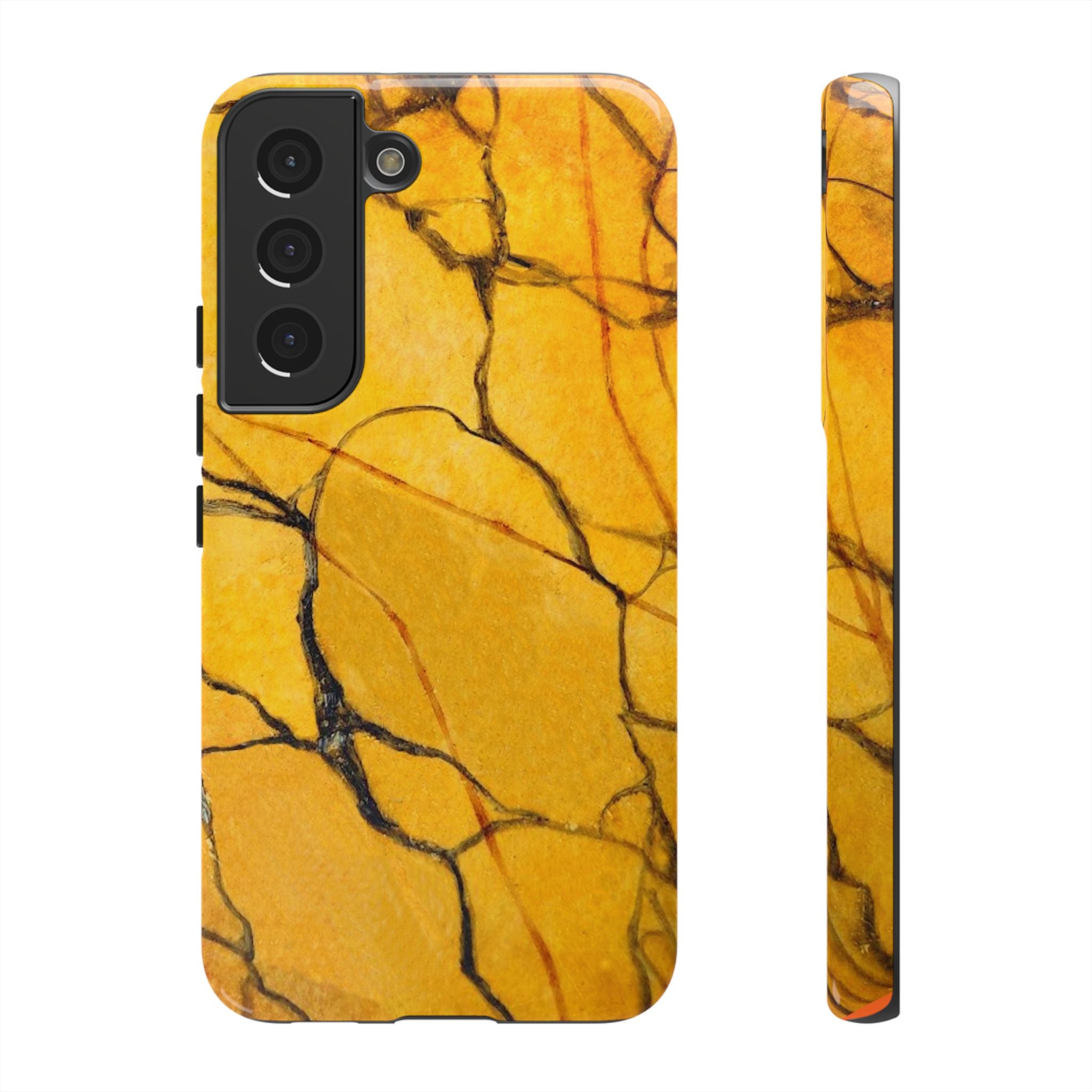 phone case in eye catching gold marble design in glossy or matte finish with silicone lining and hard shell for impact and UV resistance