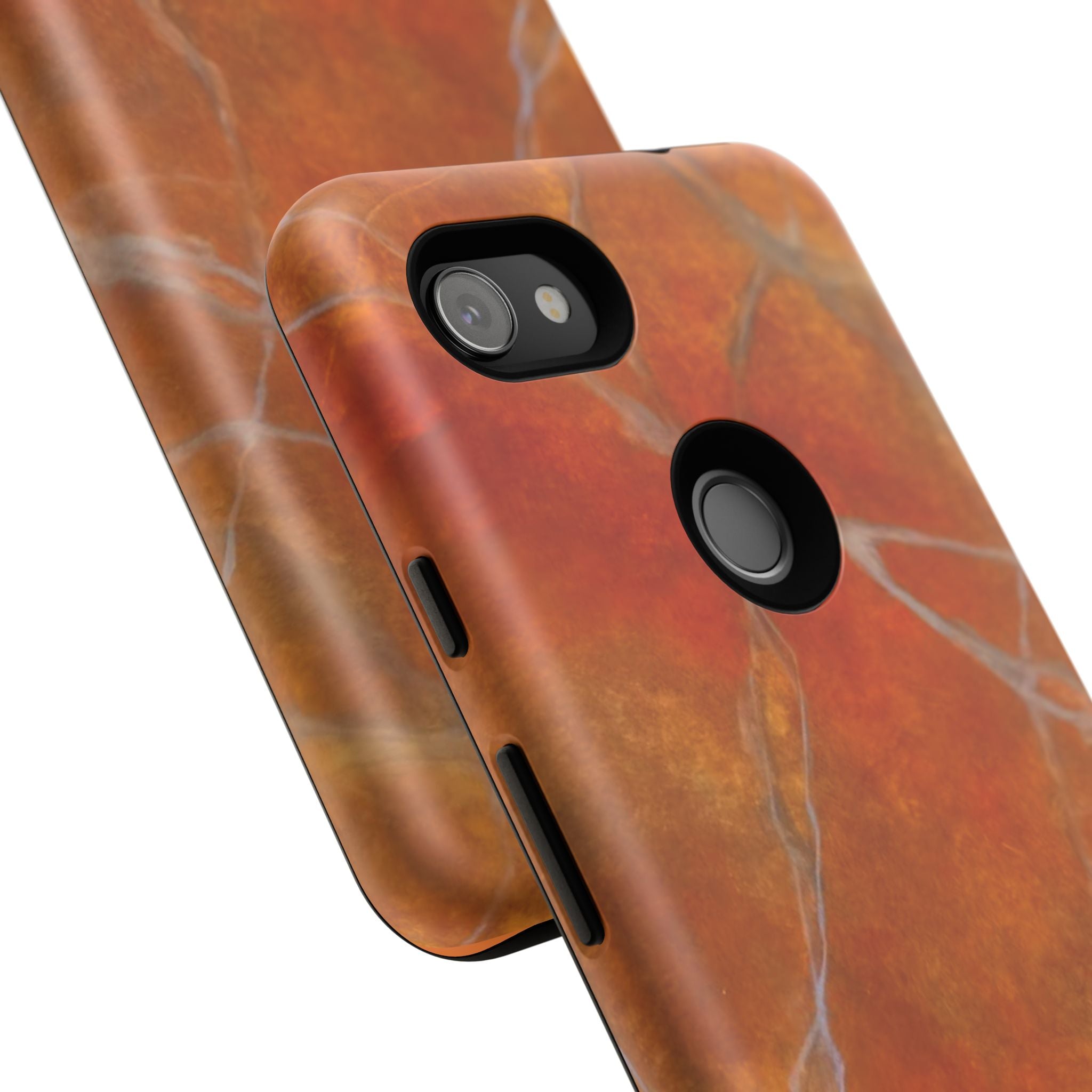 Phone case in sophisticated red orange marble design that is impact resistant tough in glossy or matte finish