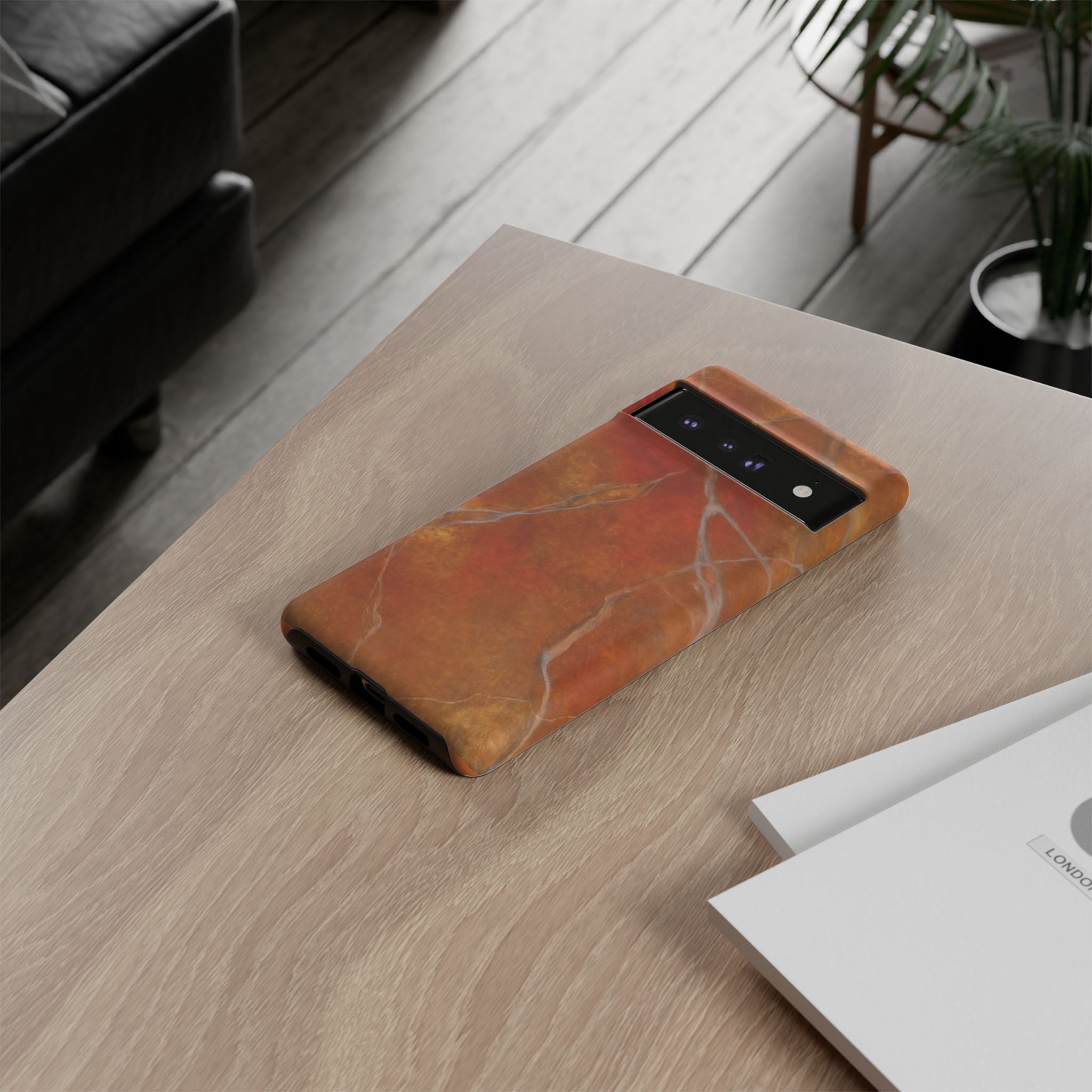 Phone case in sophisticated red orange marble design that is impact resistant tough in glossy or matte finish