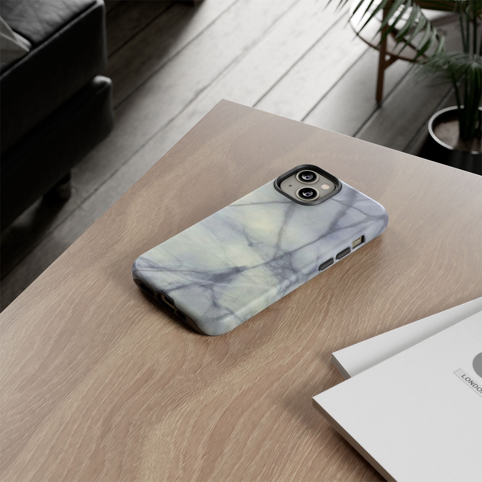Phone case in impressive grey marble design with shock absorbing dual layer shell and UV resistance in 3D wrap