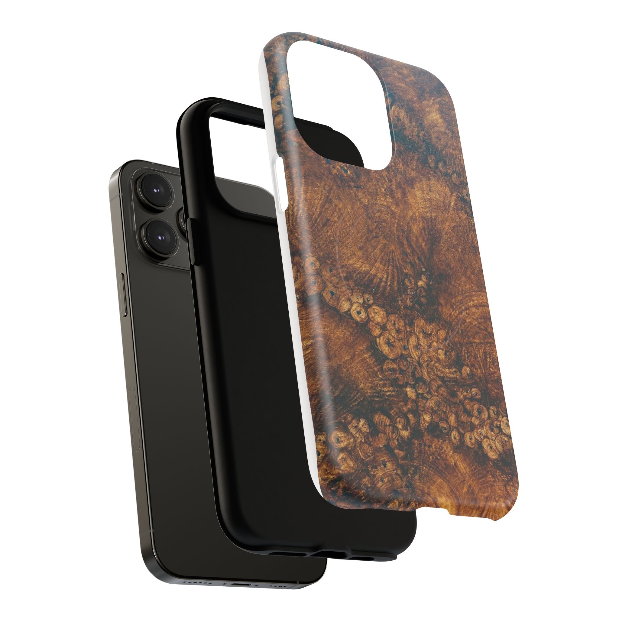 Magnetic iphone case with a natural Burl Wood Design compatible with MagSafe accessories in tough Dual Layer Shell