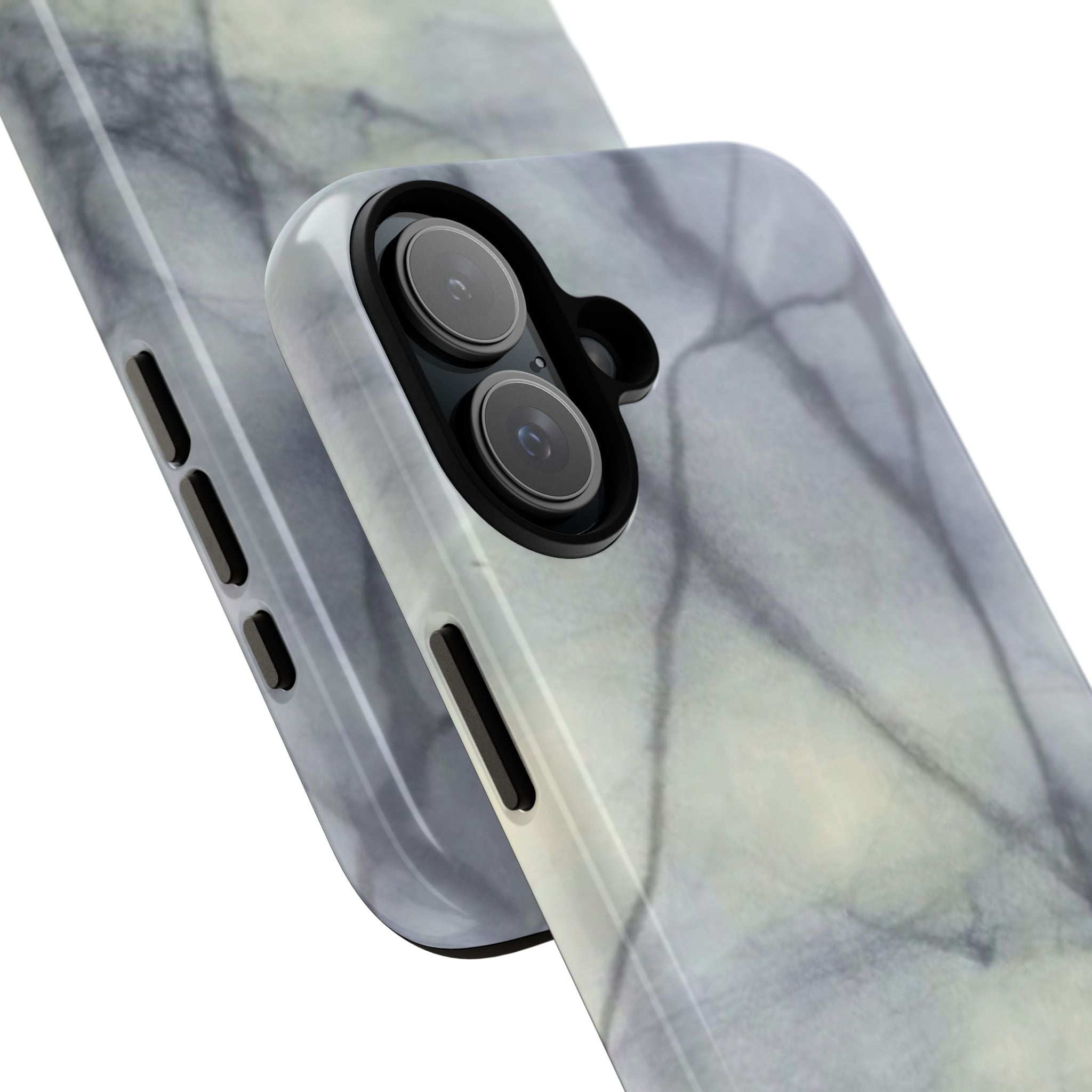 Phone case in impressive grey marble design with shock absorbing dual layer shell and UV resistance in 3D wrap