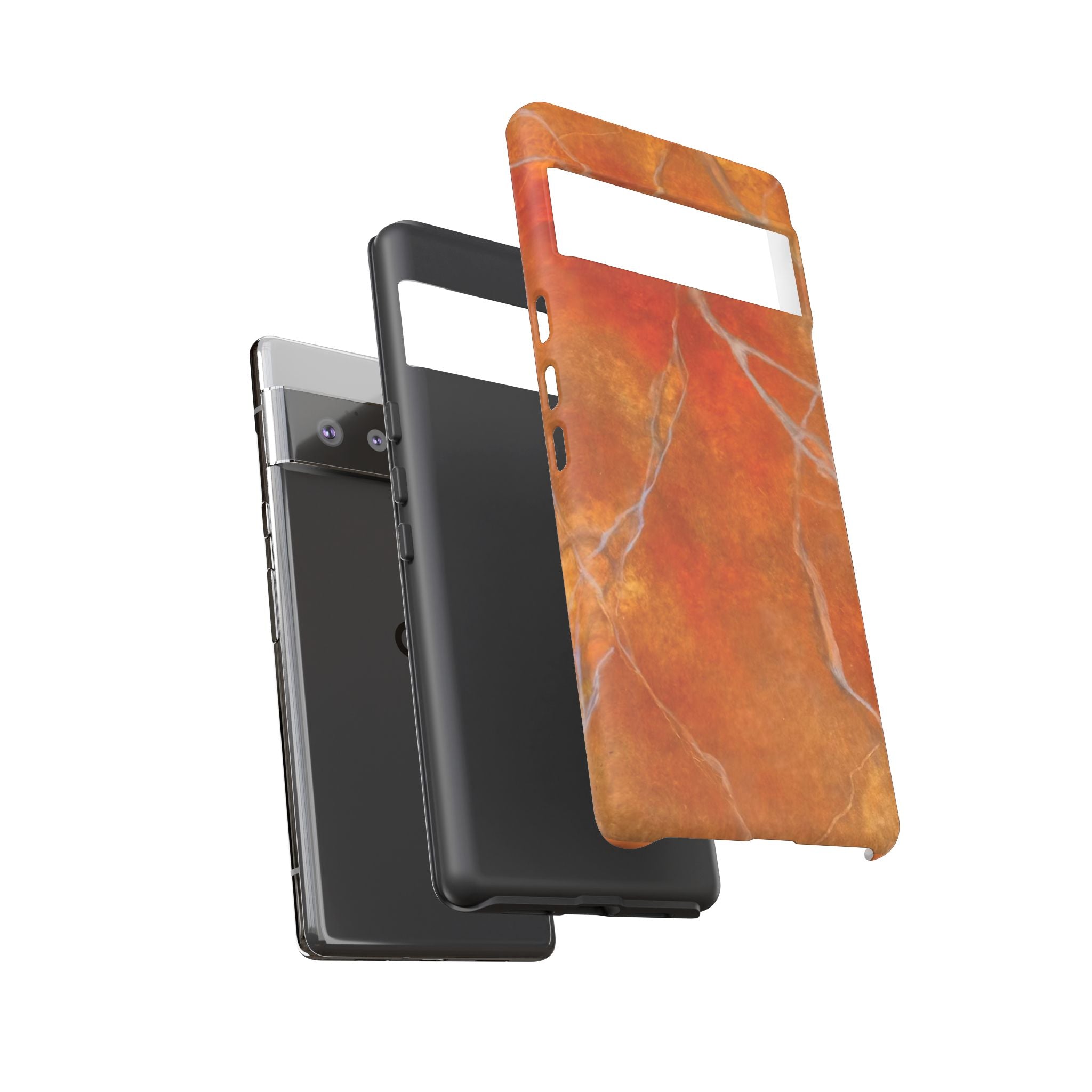 Phone case in sophisticated red orange marble design that is impact resistant tough in glossy or matte finish