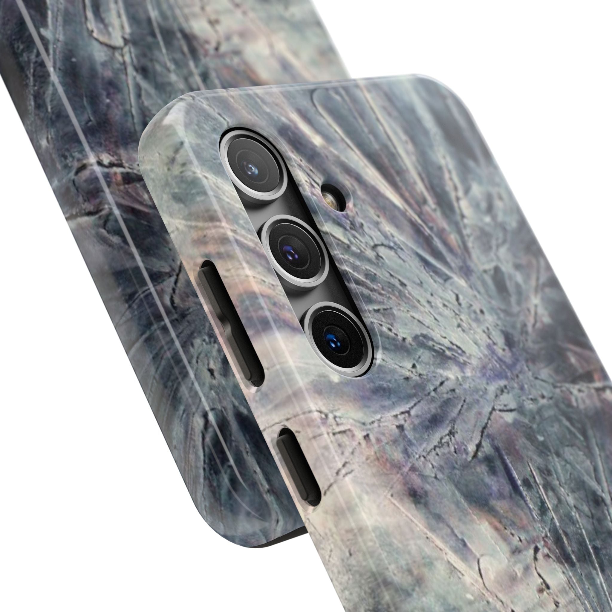 Phone case in abstract bursts of silver crystal design with rubber lining for strong impact and UV protection