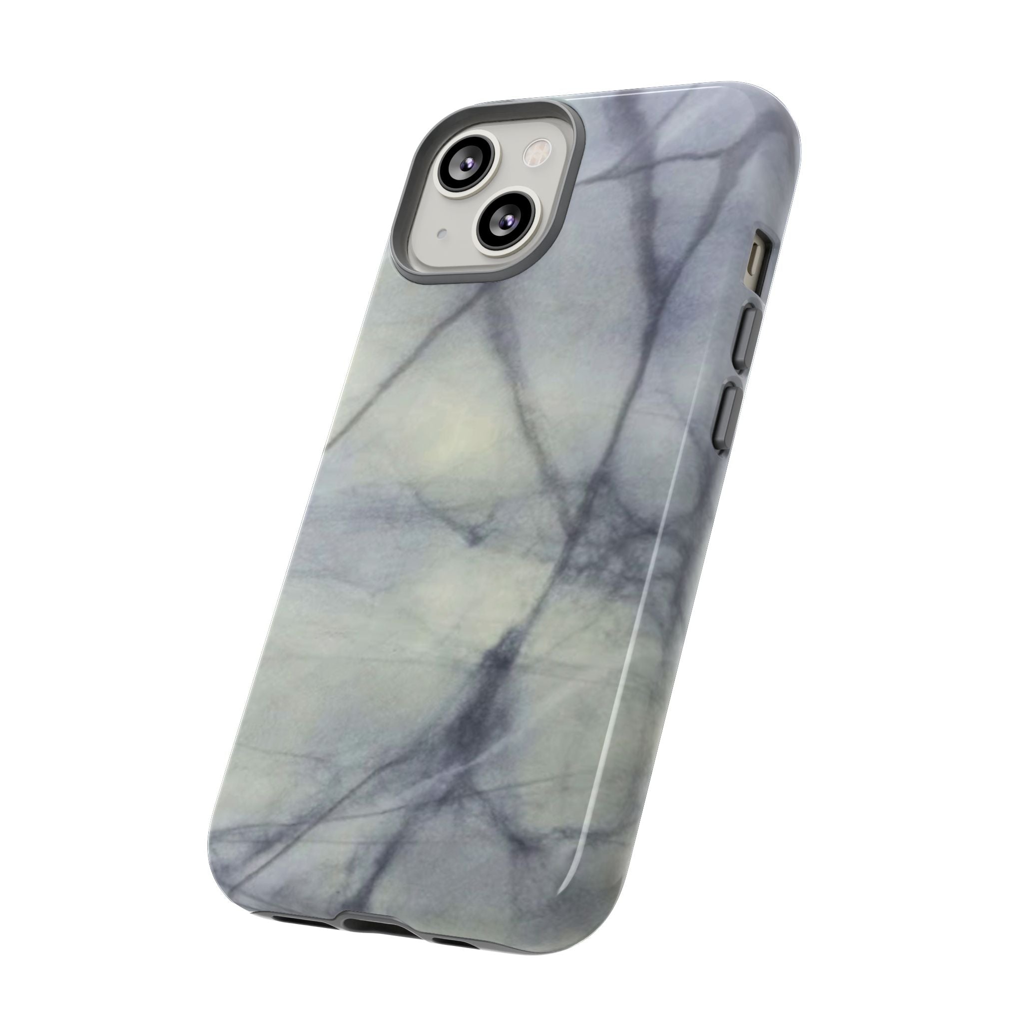 Phone case in impressive grey marble design with shock absorbing dual layer shell and UV resistance in 3D wrap