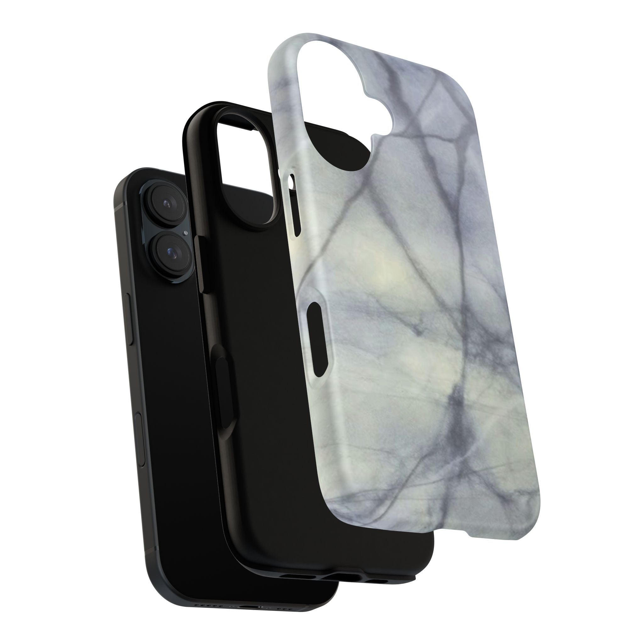 Phone case in impressive grey marble design with shock absorbing dual layer shell and UV resistance in 3D wrap