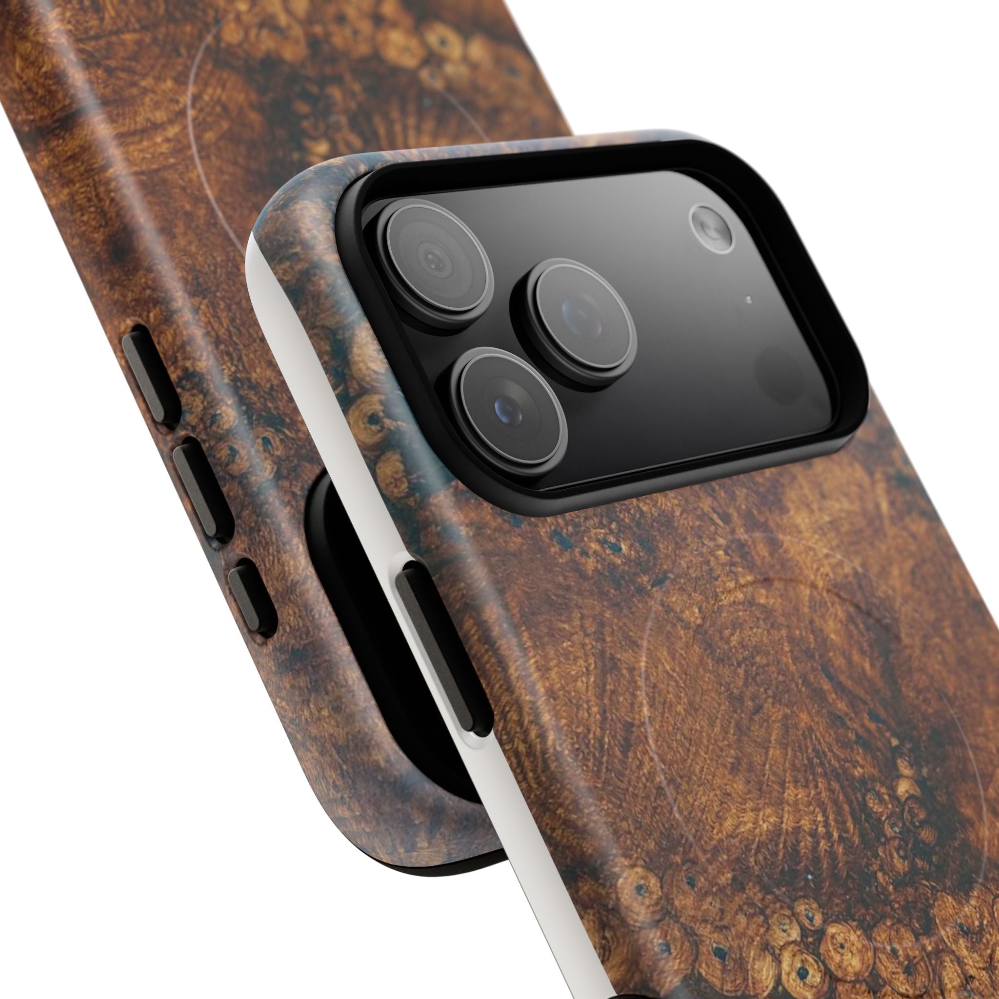 Magnetic iphone case with a natural Burl Wood Design compatible with MagSafe accessories in tough Dual Layer Shell