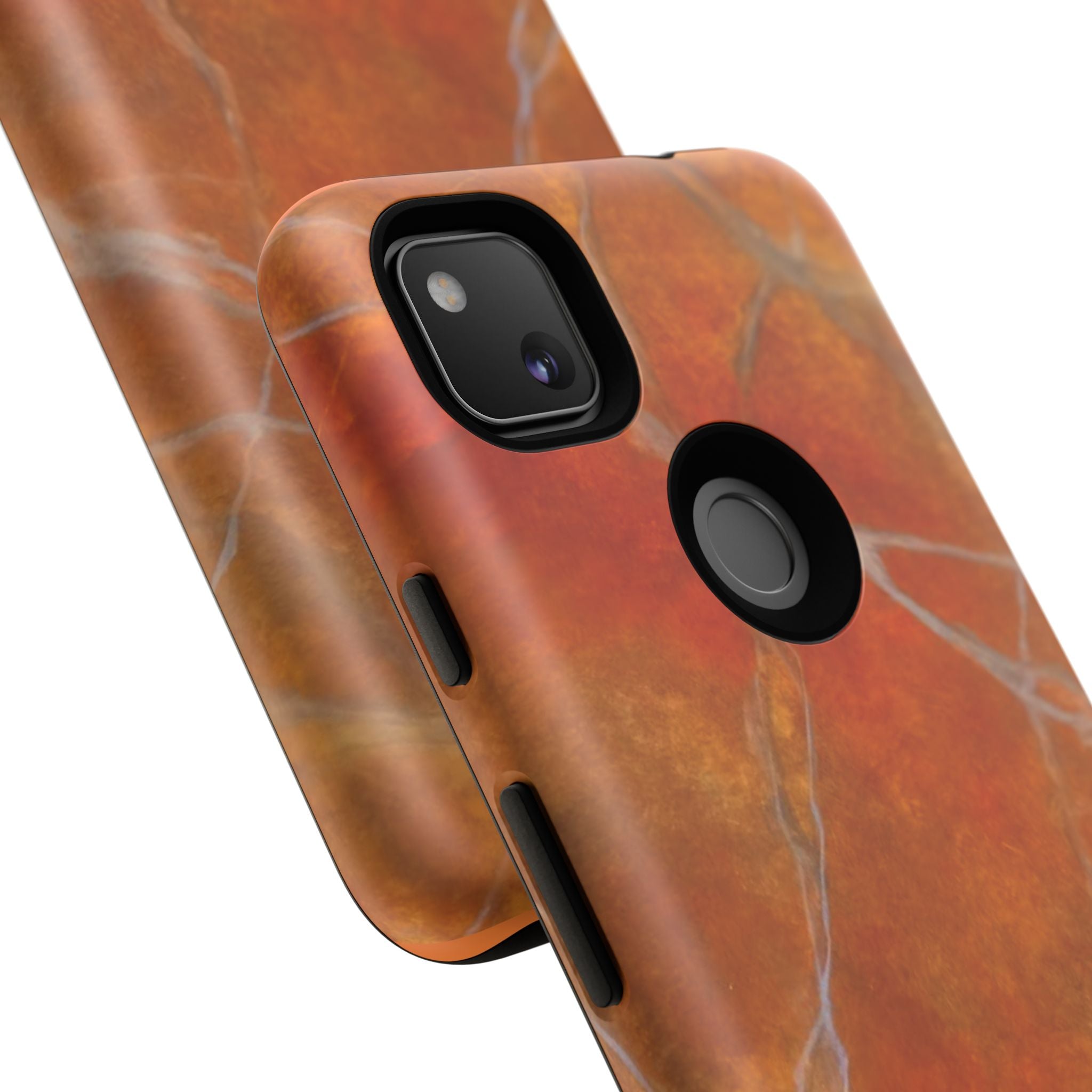 Phone case in sophisticated red orange marble design that is impact resistant tough in glossy or matte finish