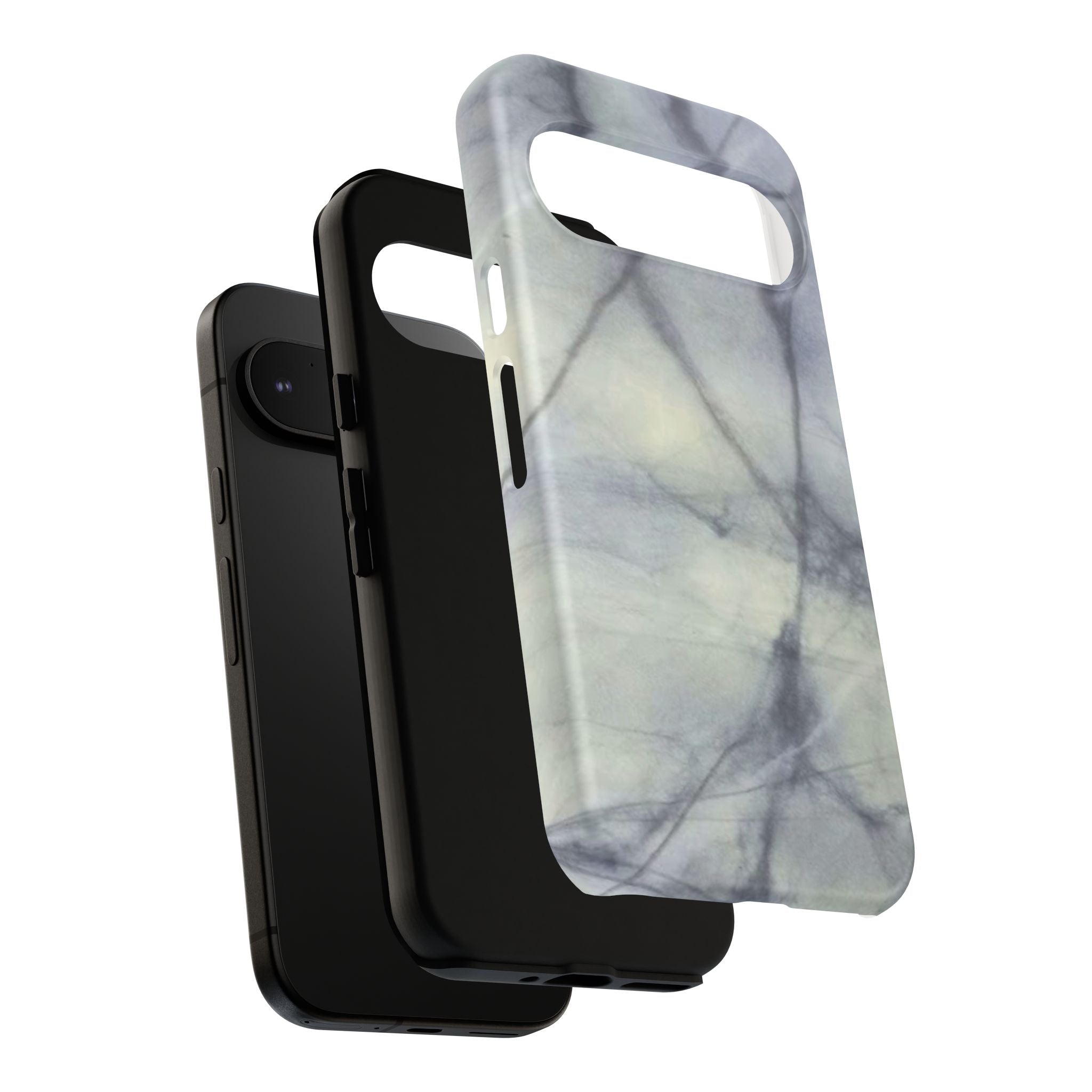 Phone case in impressive grey marble design with shock absorbing dual layer shell and UV resistance in 3D wrap