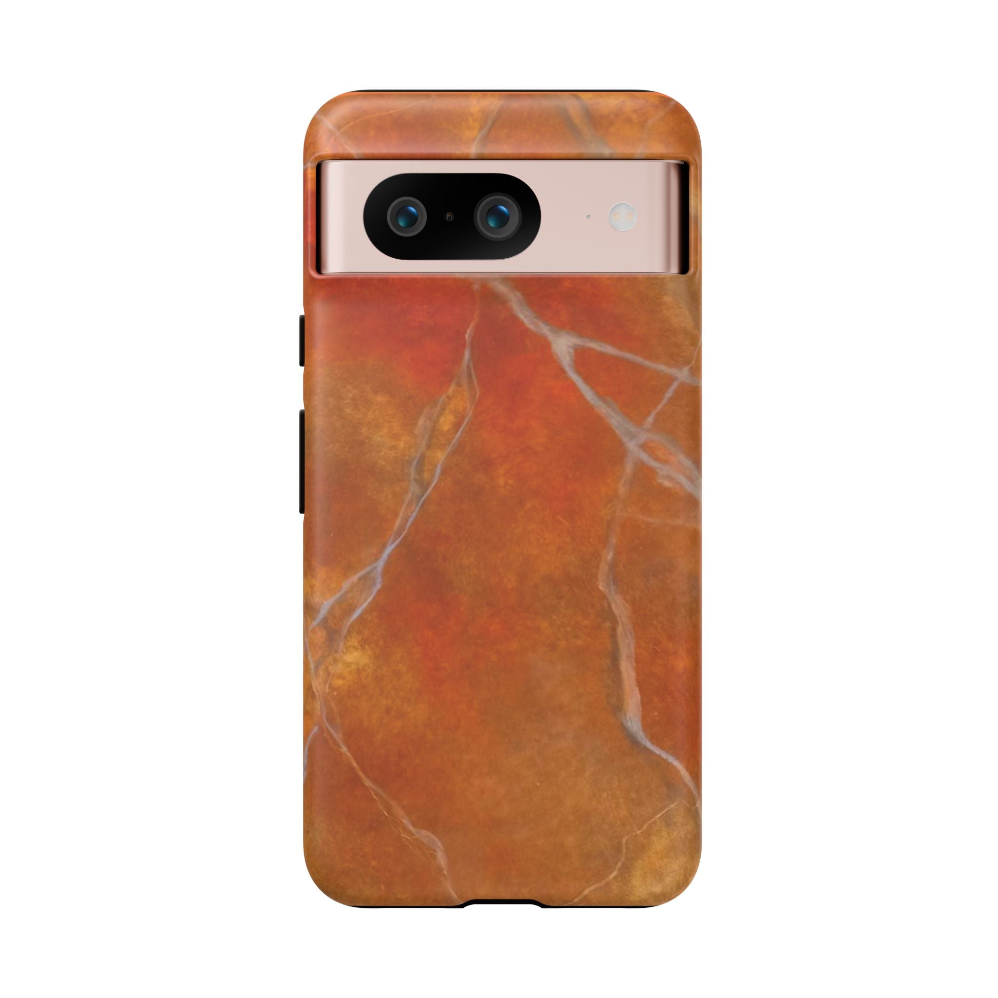 Phone case in sophisticated red orange marble design that is impact resistant tough in glossy or matte finish