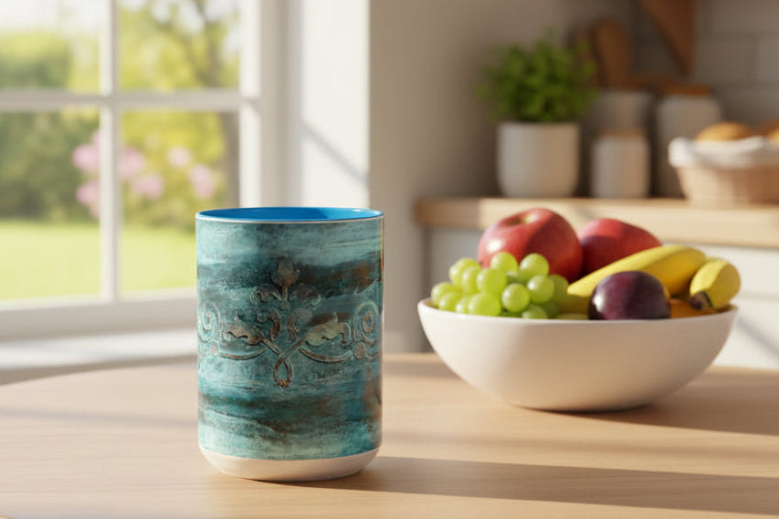 Aqua ceramic mug with embossed design on a kitchen table - 15oz size. 11oz available
