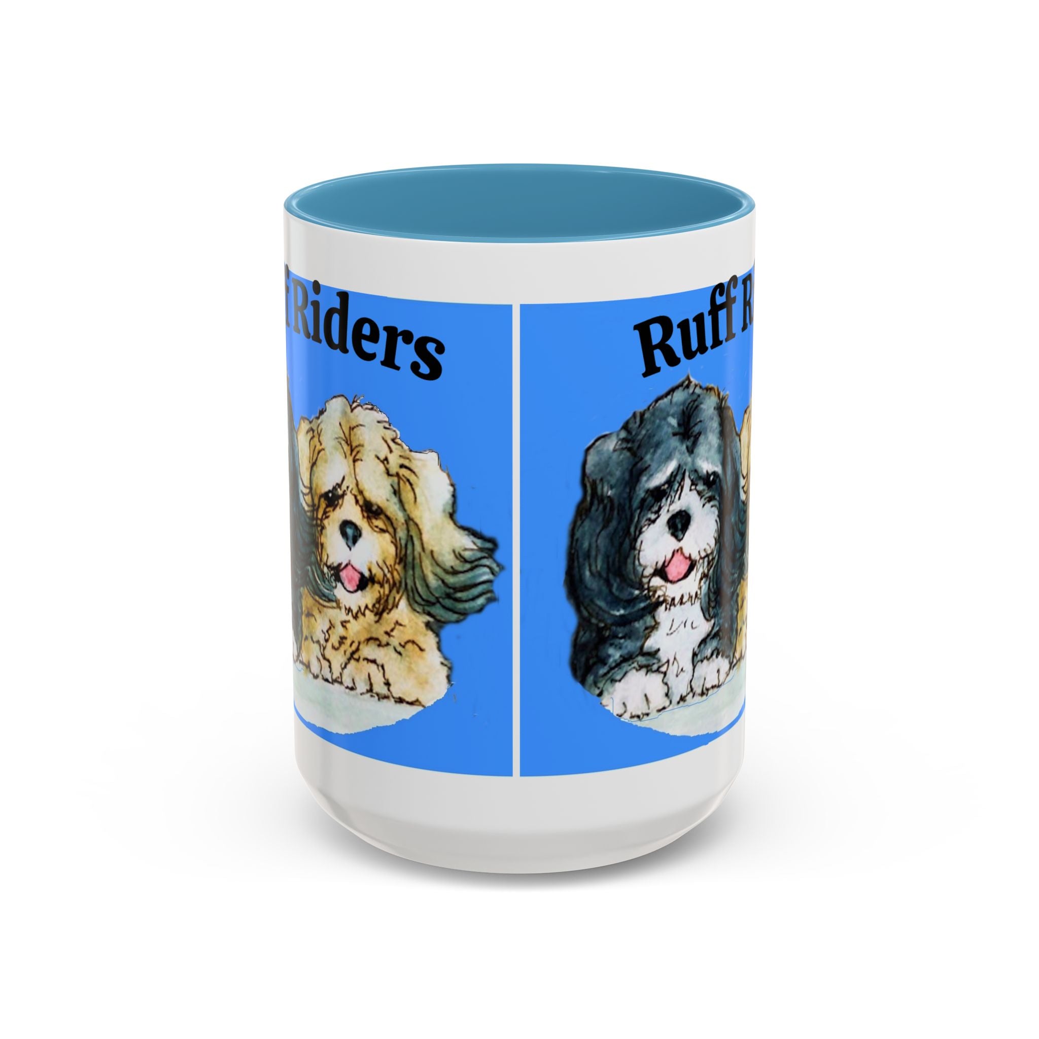 Mug with illustrations of two dogs and text on a white background