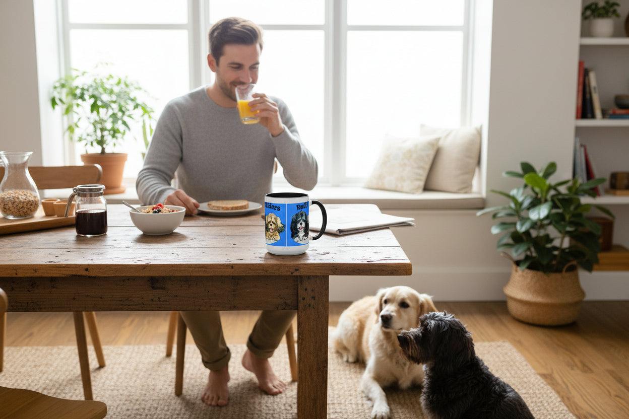Mug with illustrations of dogs on a blue background shows 15 oz size