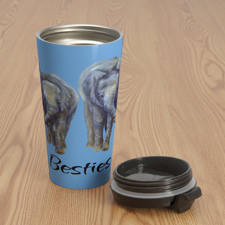 Blue stainless steel travel mug with elephant Besties