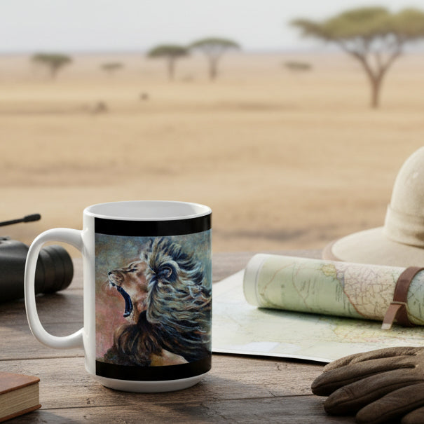 15oz white ceramic mug featuring a printed artistic illustration of a roaring lion with a detailed mane, framed by black bands at the top and bottom.