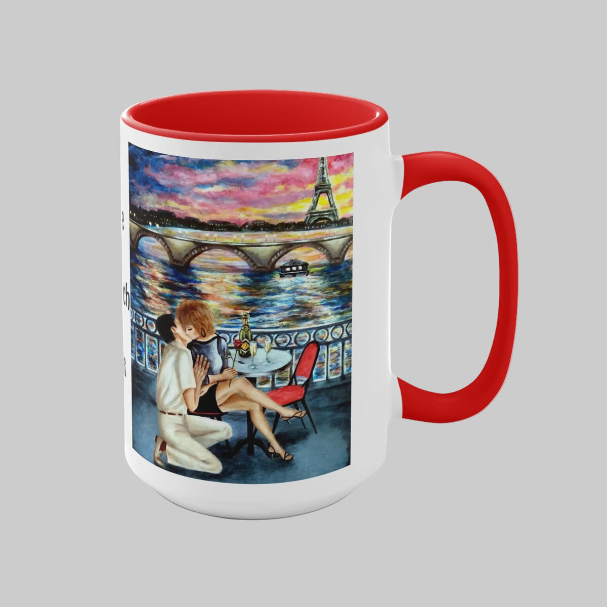 Mug with a romantic scene of a couple by the Eiffel Tower and Seine River with red accents on a 15 oz mug