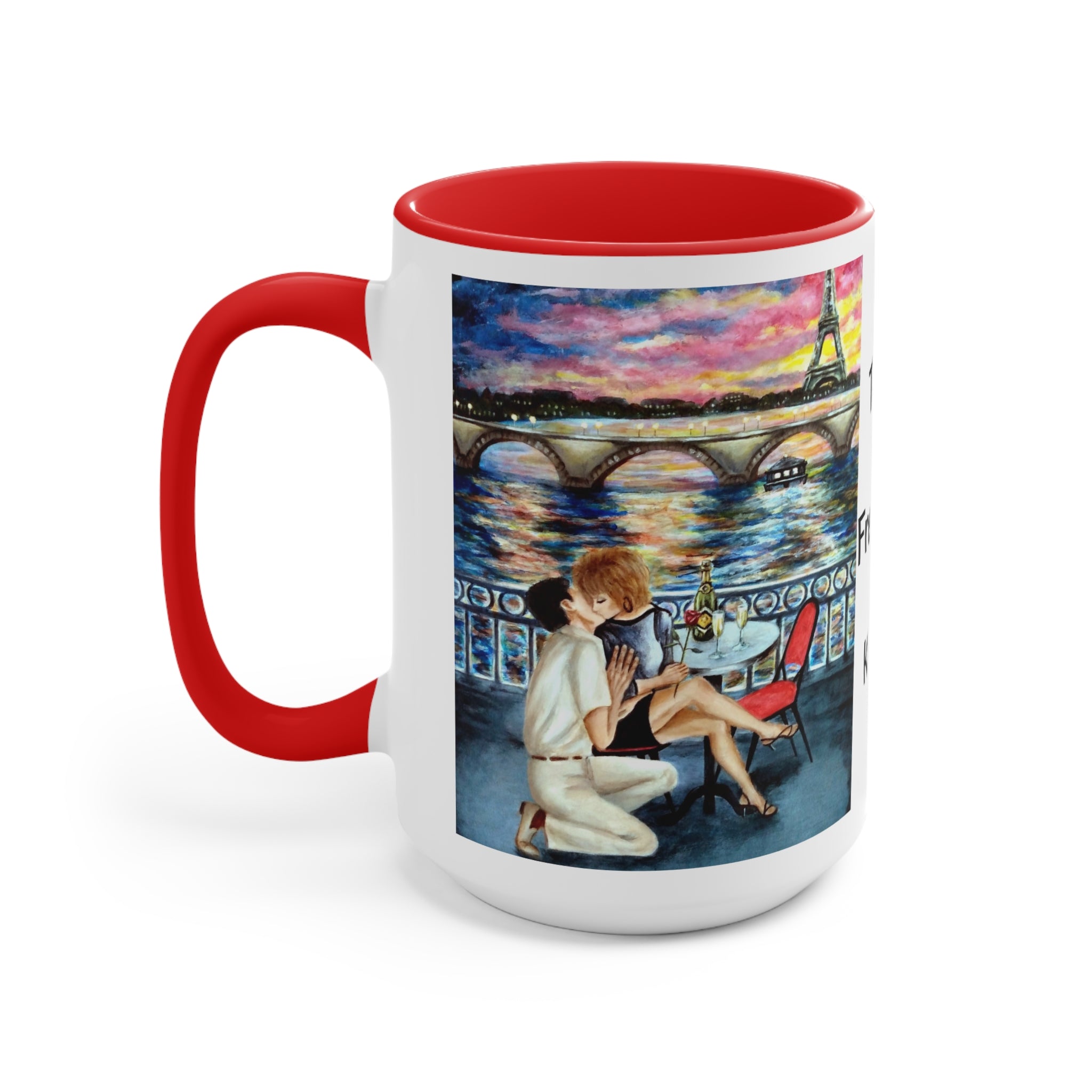 Mug with a romantic scene of a couple by the Eiffel Tower on a white background