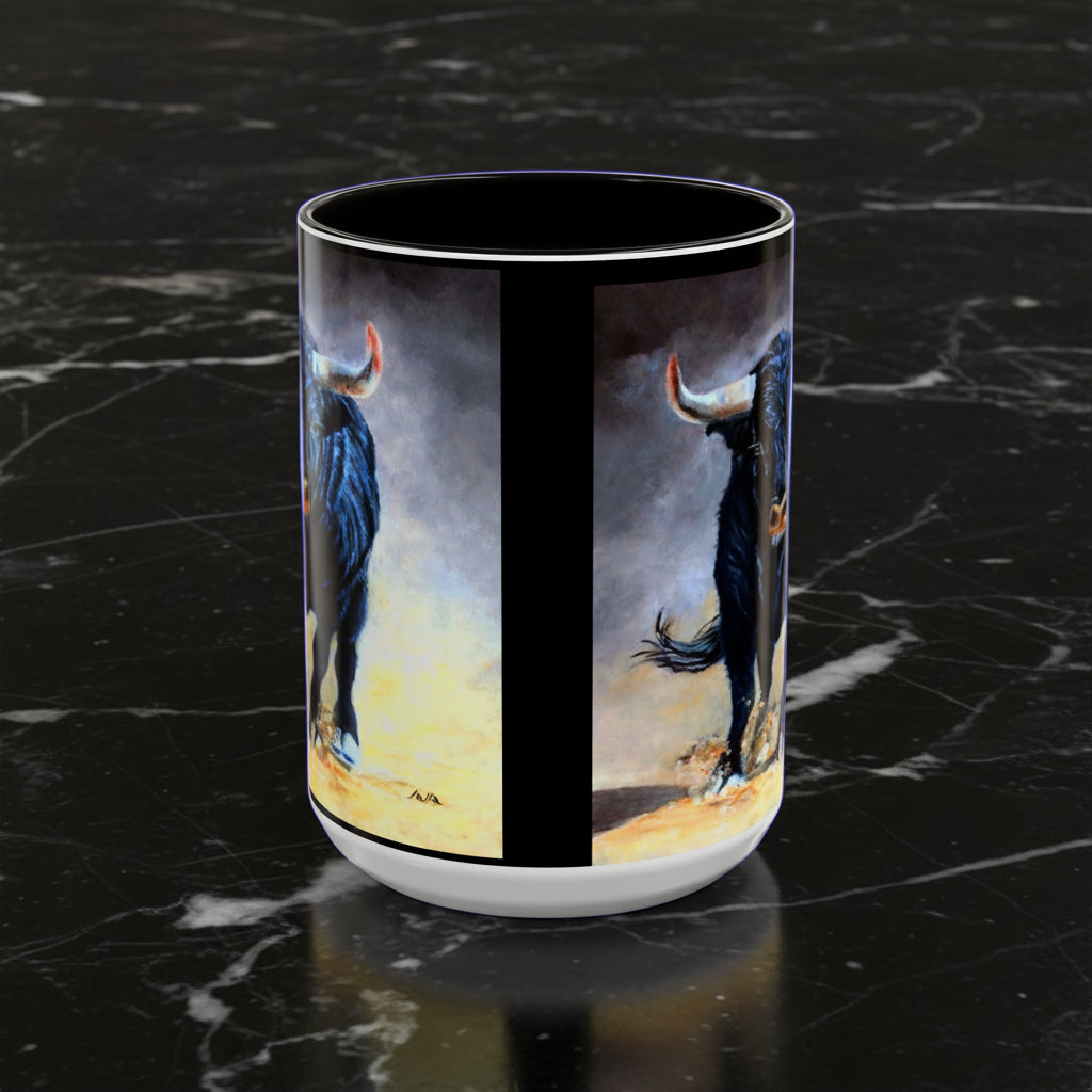 Mug with artistic painting of a charging bull in 15 oz and 11 oz