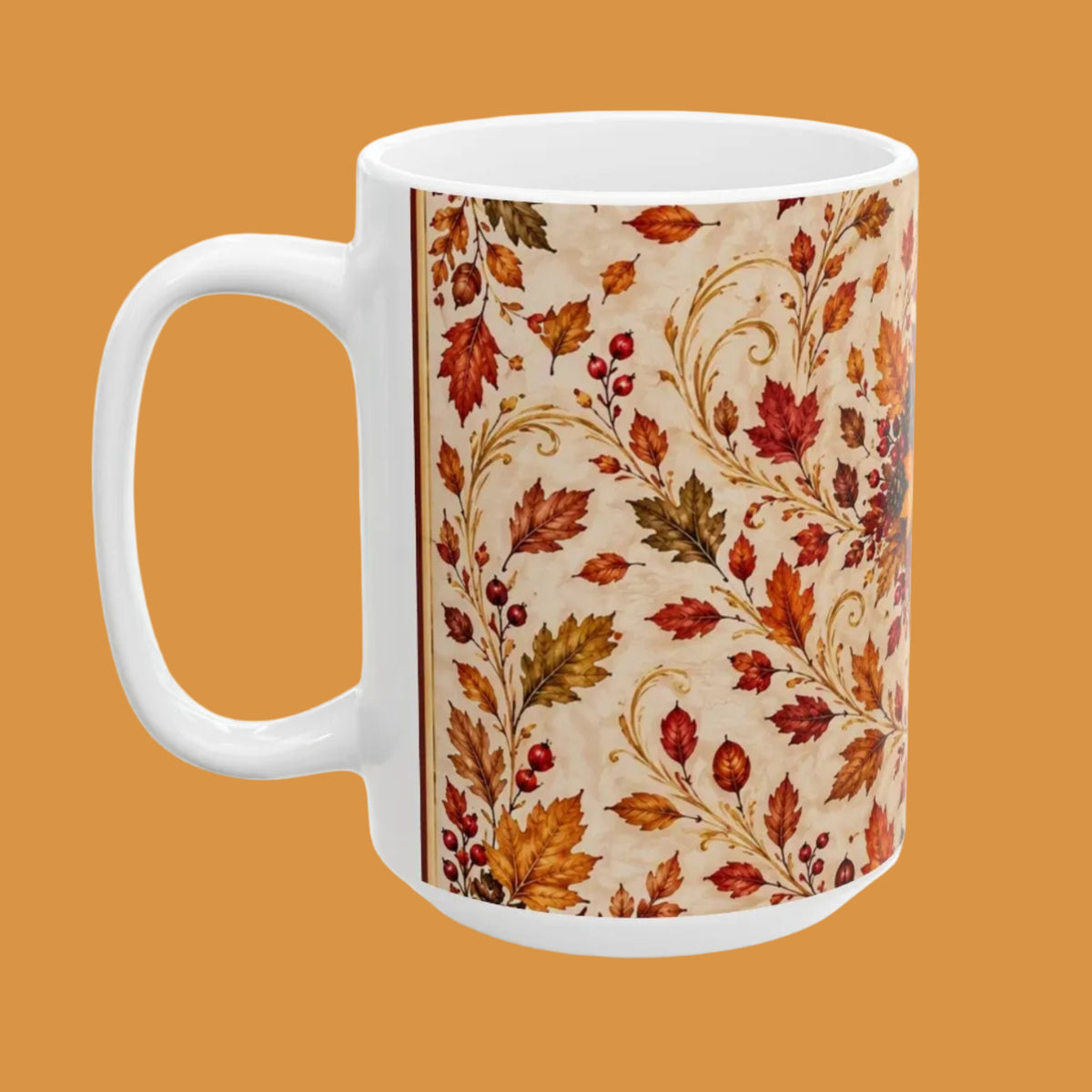 A white ceramic mug featuring a vertical wrap-around print of an autumn leaf pattern with red, orange, and brown leaves on a beige background.