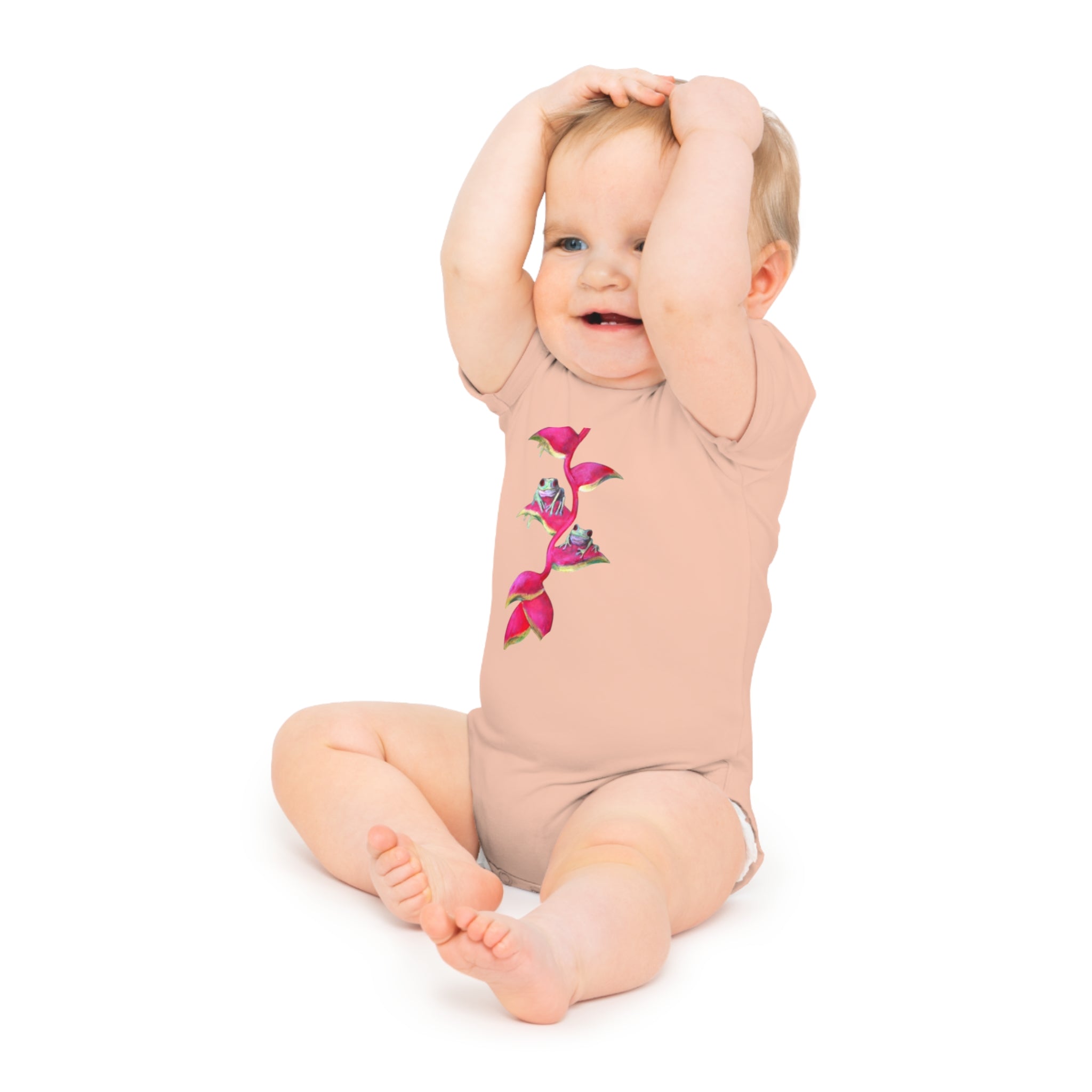 Cute Baby Bodysuit adorned with Tiny Tropical Frogs