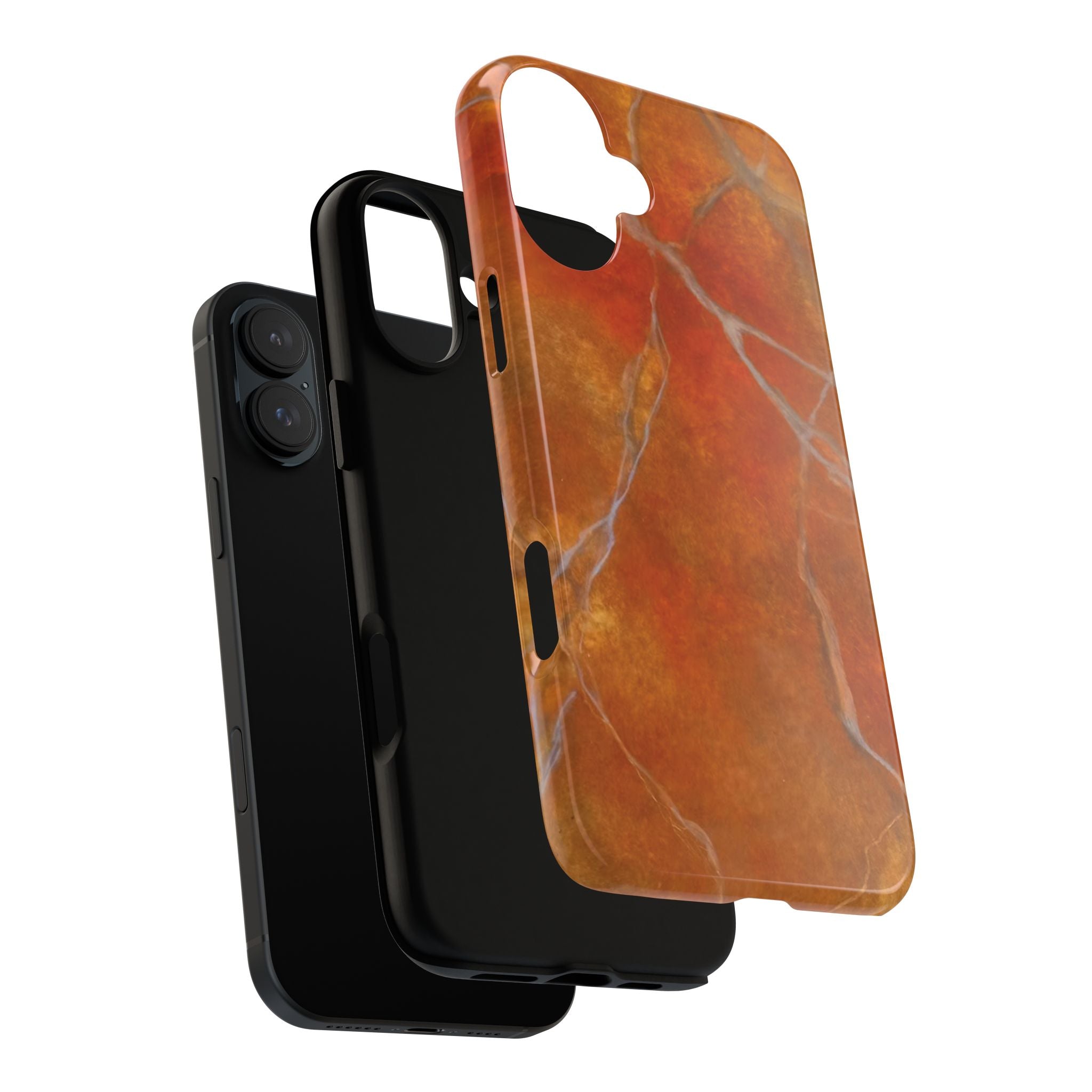 Phone case in sophisticated red orange marble design that is impact resistant tough in glossy or matte finish