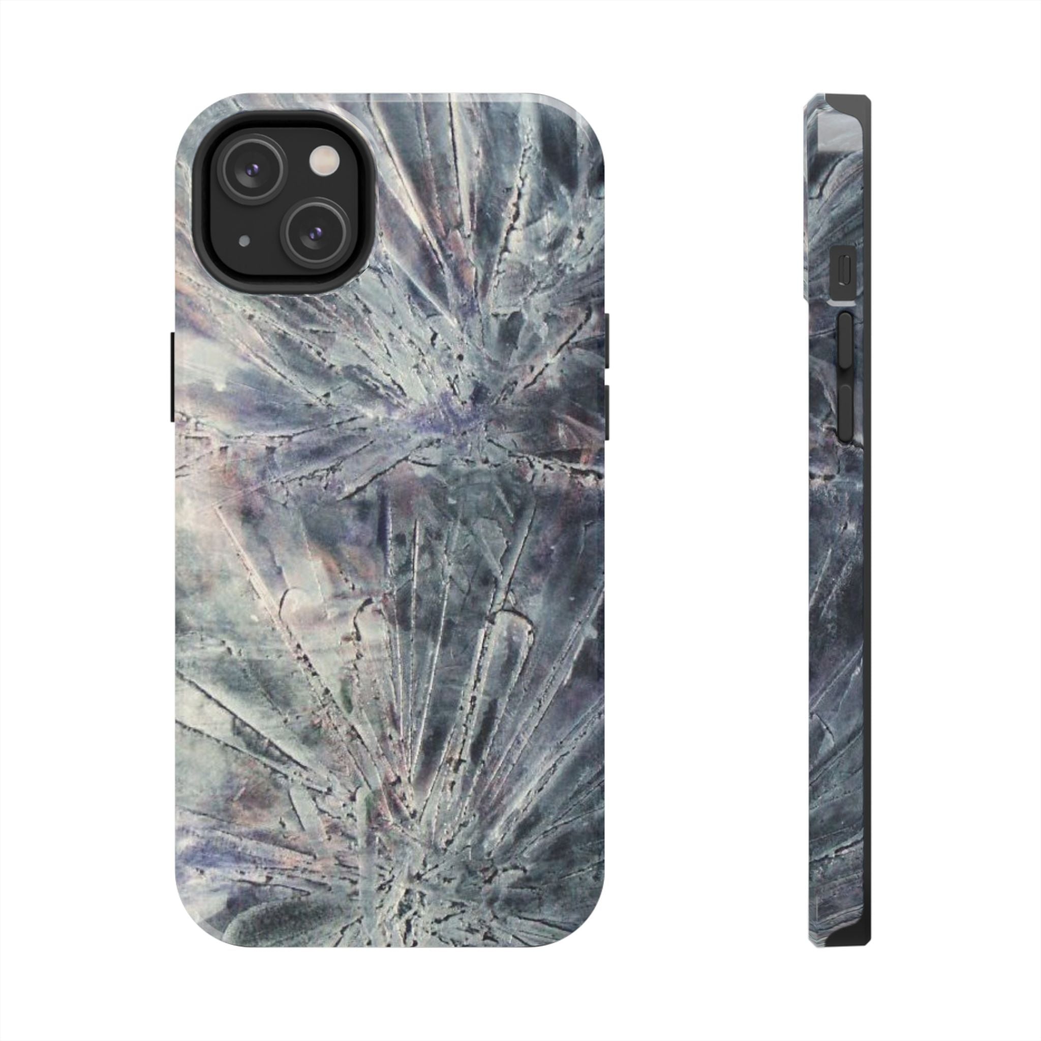 Phone case in abstract bursts of silver crystal design with rubber lining for strong impact and UV protection