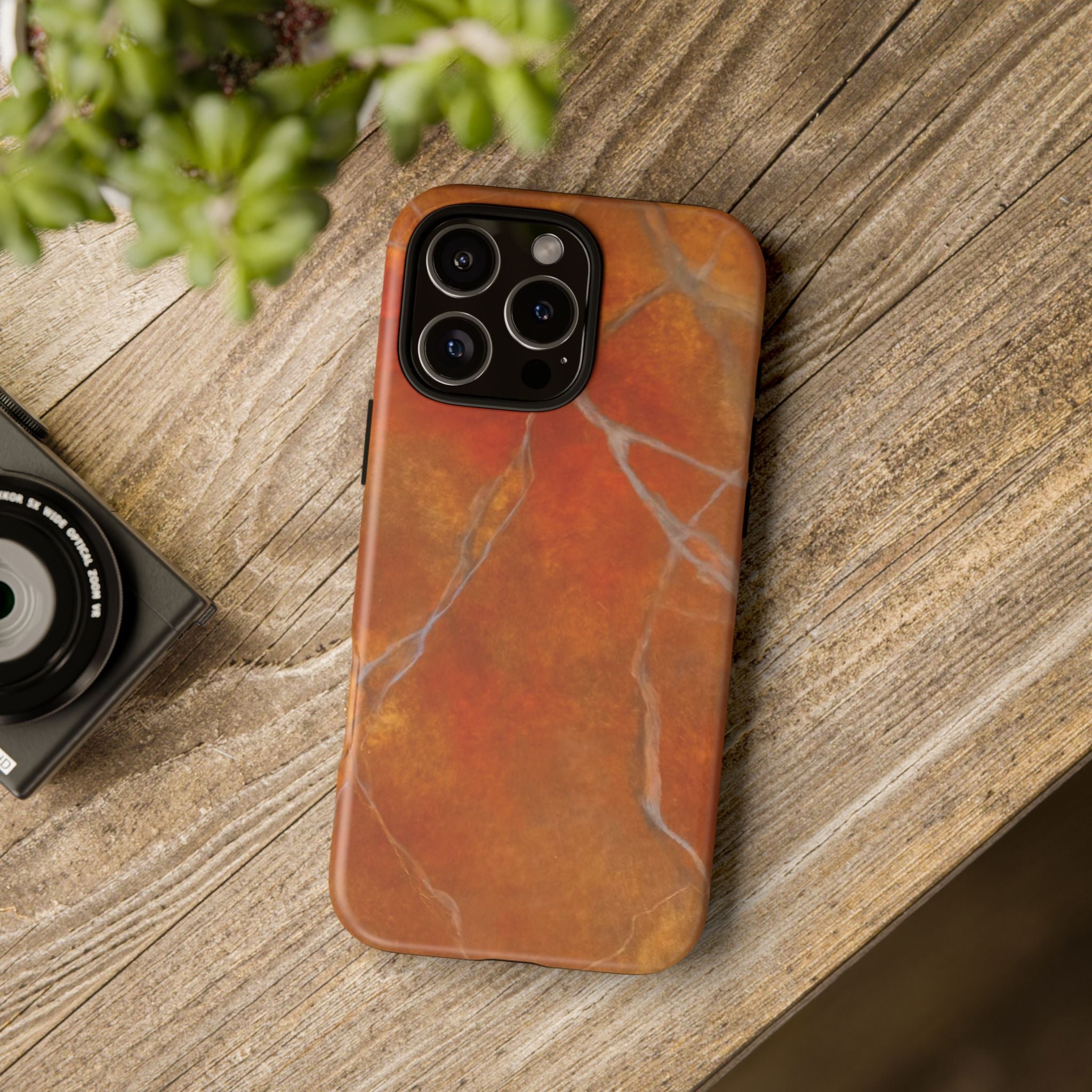 Phone case in sophisticated red orange marble design that is impact resistant tough in glossy or matte finish