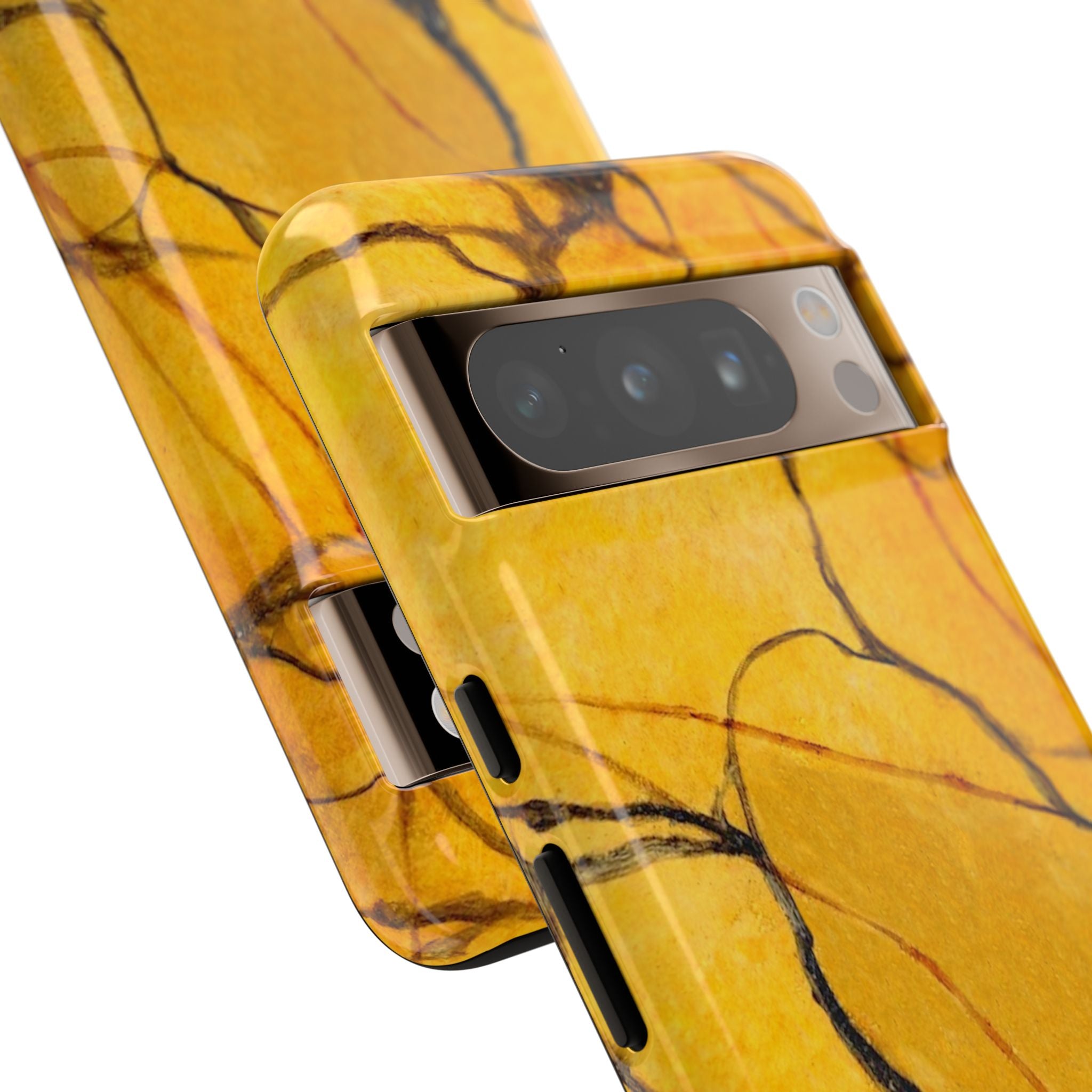 phone case in eye catching gold marble design in glossy or matte finish with silicone lining and hard shell for impact and UV resistance