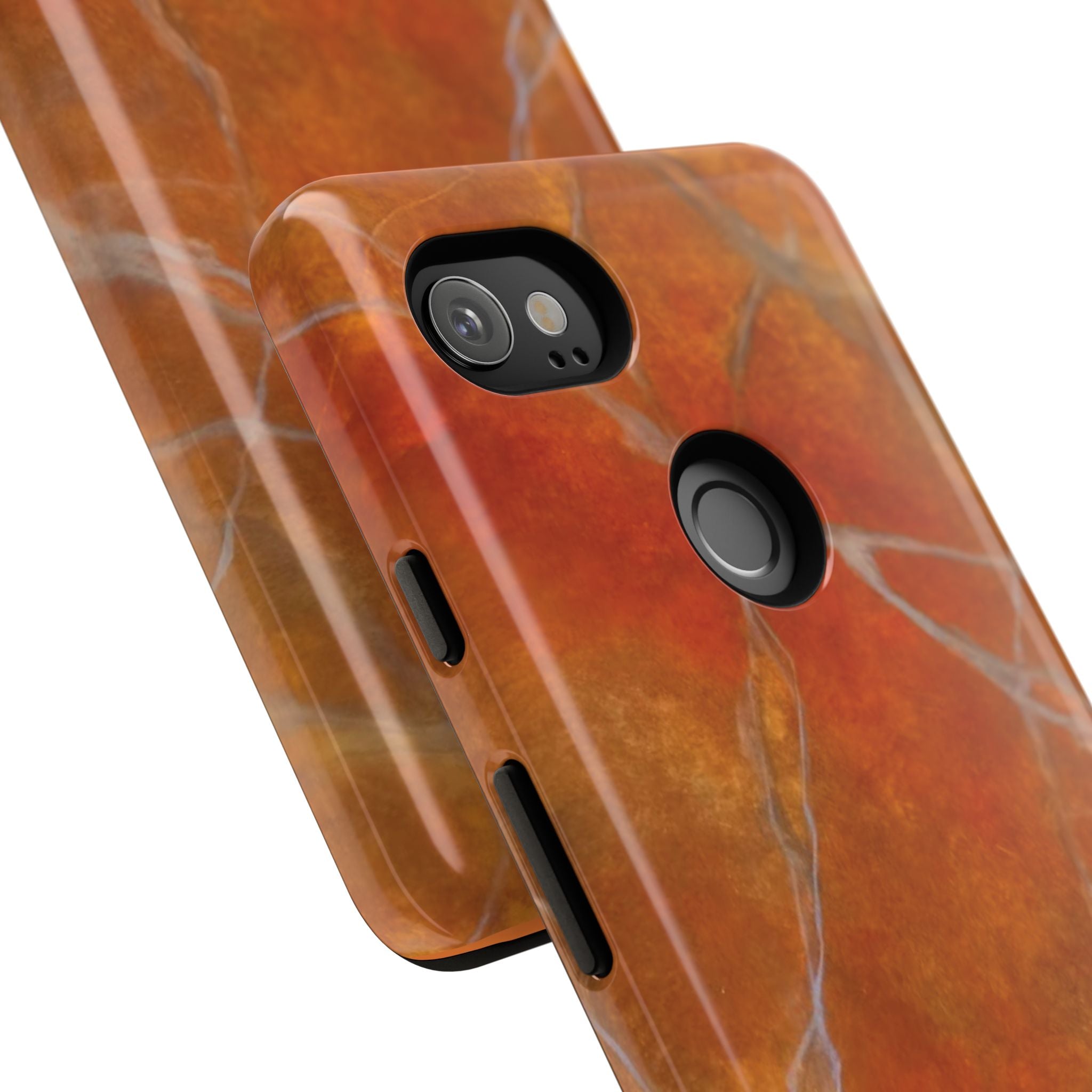 Phone case in sophisticated red orange marble design that is impact resistant tough in glossy or matte finish