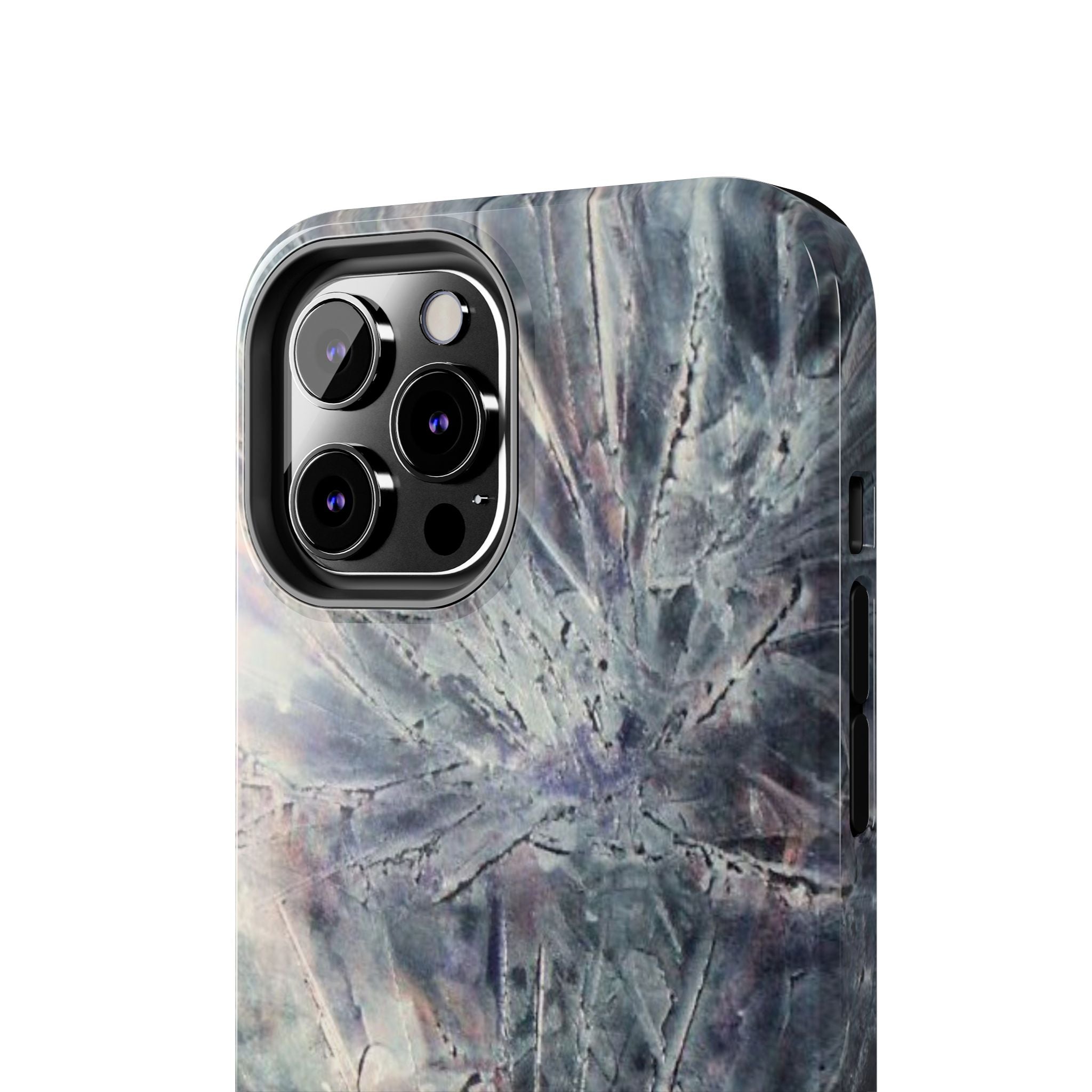 Phone case in abstract bursts of silver crystal design with rubber lining for strong impact and UV protection