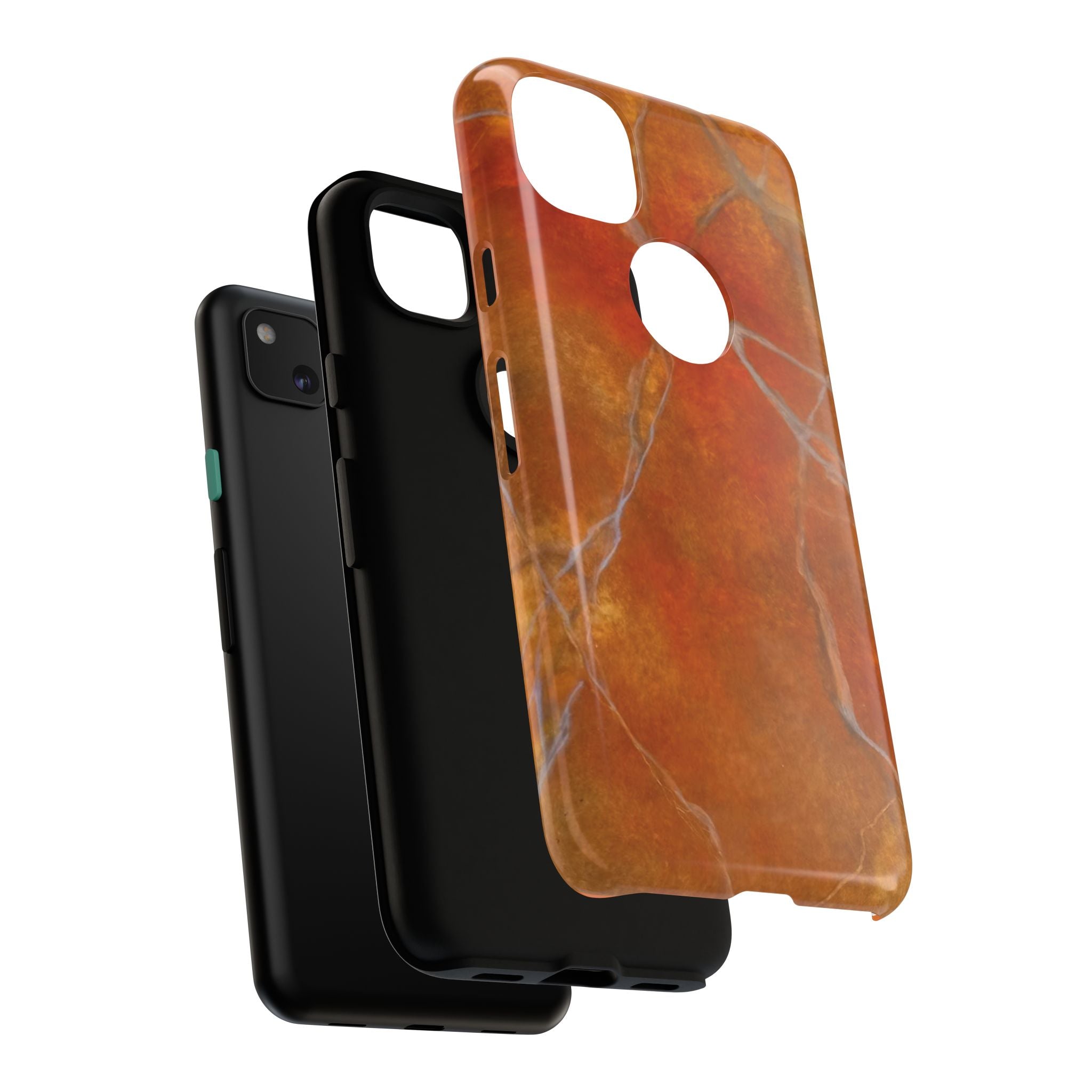 Phone case in sophisticated red orange marble design that is impact resistant tough in glossy or matte finish