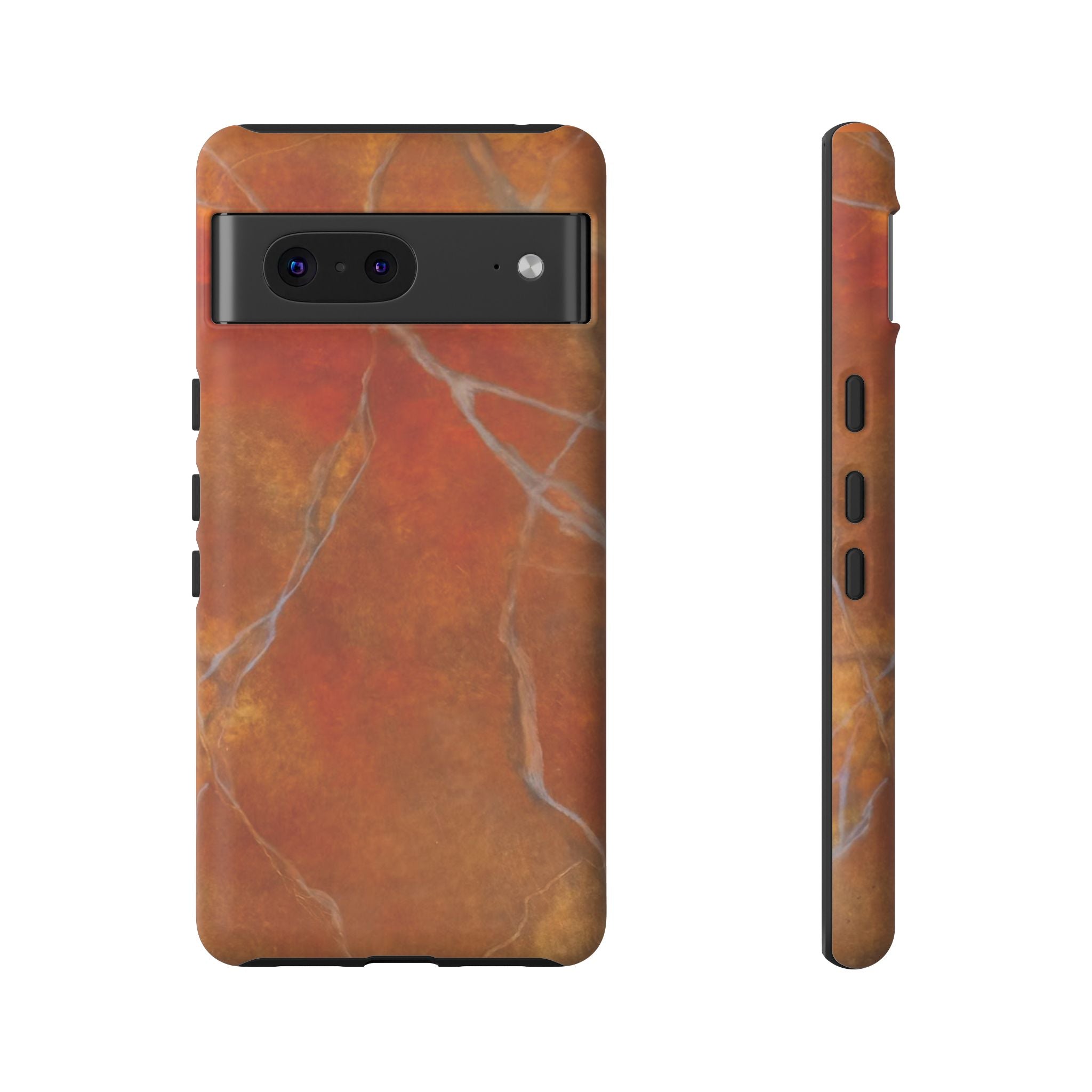 Phone case in sophisticated red orange marble design that is impact resistant tough in glossy or matte finish