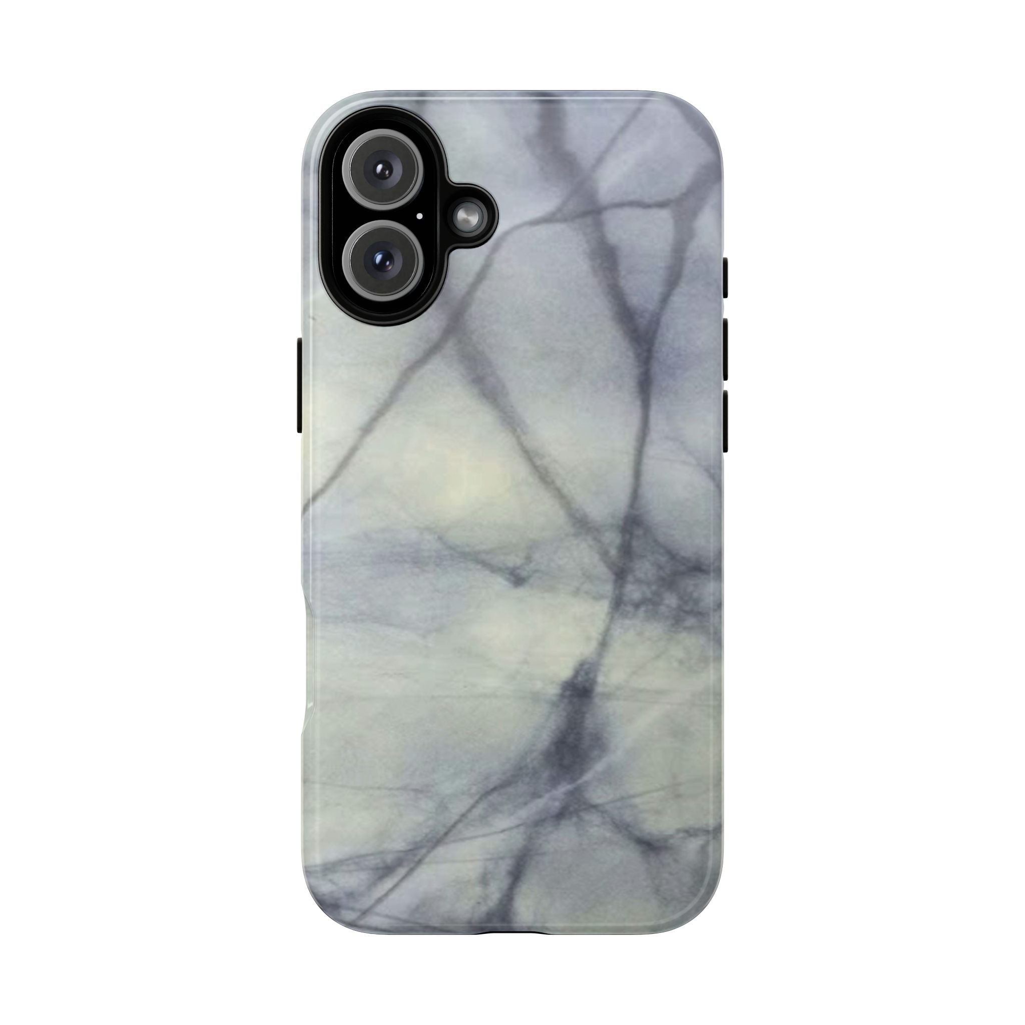 Phone case in impressive grey marble design with shock absorbing dual layer shell and UV resistance in 3D wrap
