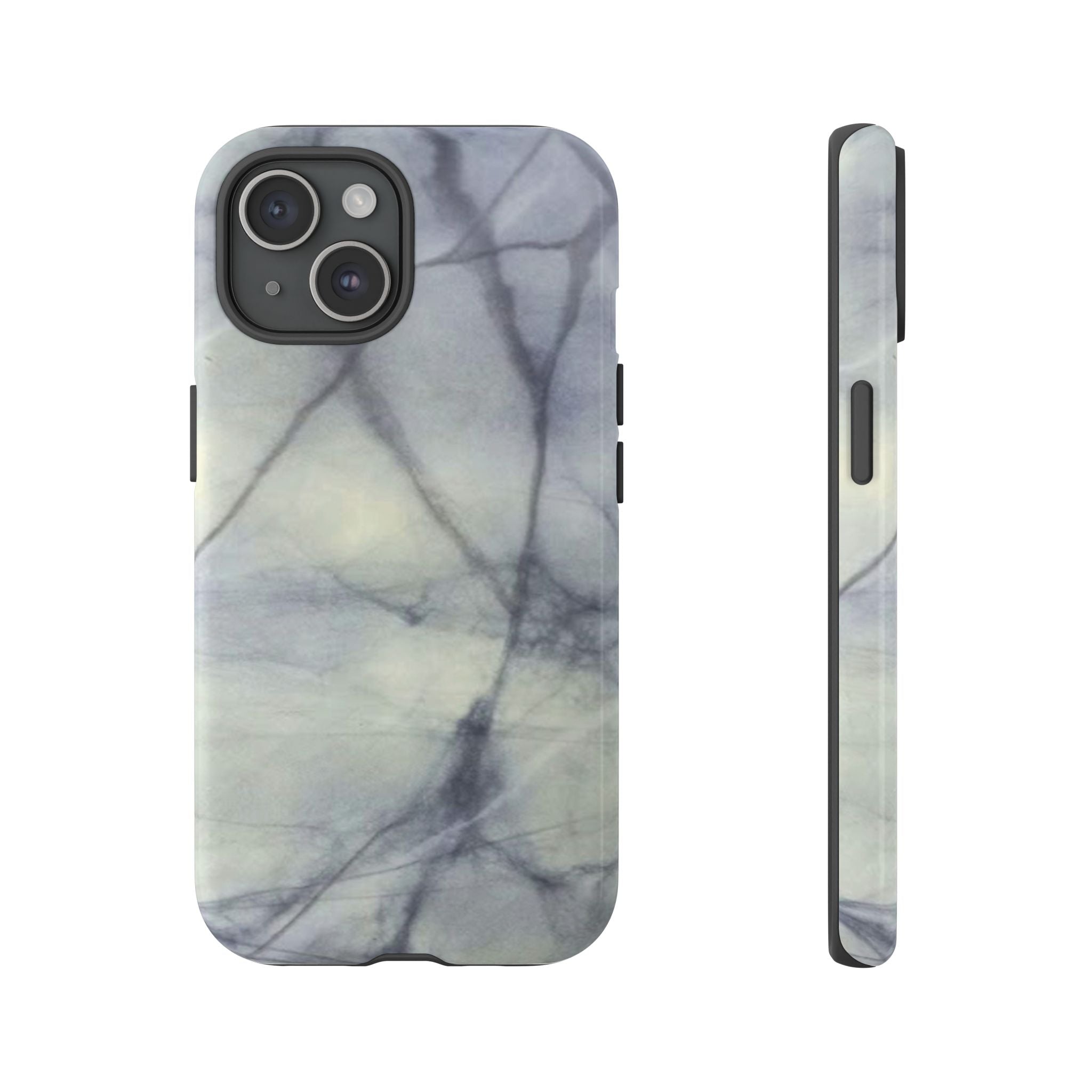 Phone case in impressive grey marble design with shock absorbing dual layer shell and UV resistance in 3D wrap