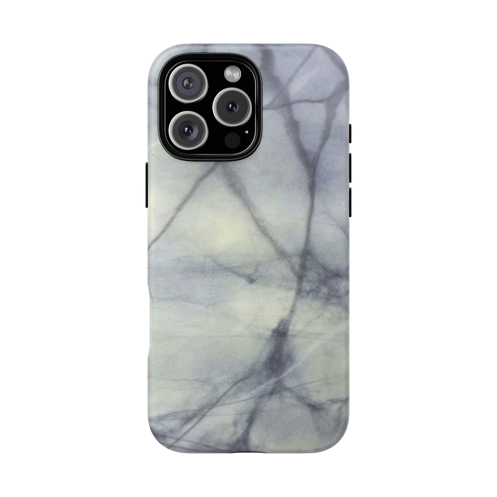 Phone case in impressive grey marble design with shock absorbing dual layer shell and UV resistance in 3D wrap