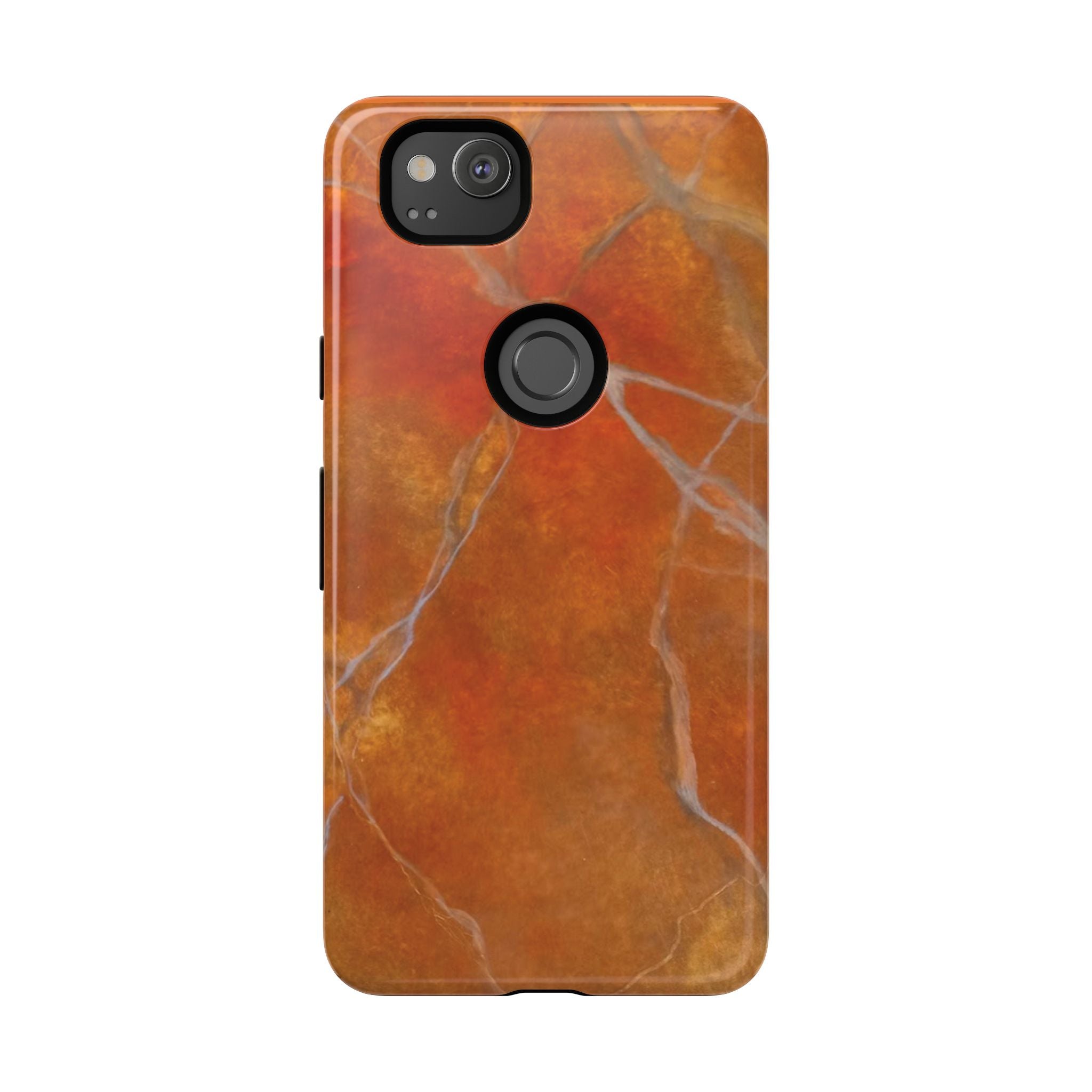 Phone case in sophisticated red orange marble design that is impact resistant tough in glossy or matte finish