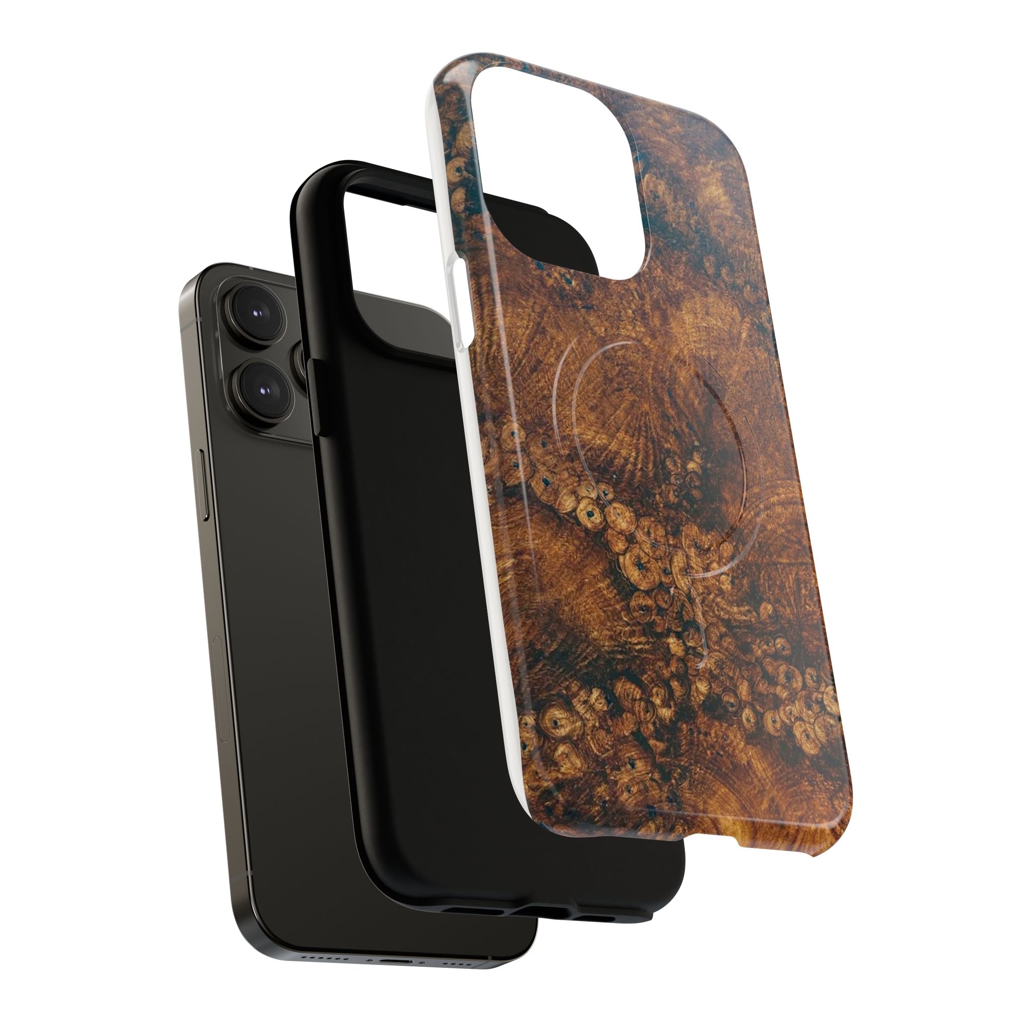 Magnetic iphone case with a natural Burl Wood Design compatible with MagSafe accessories in tough Dual Layer Shell