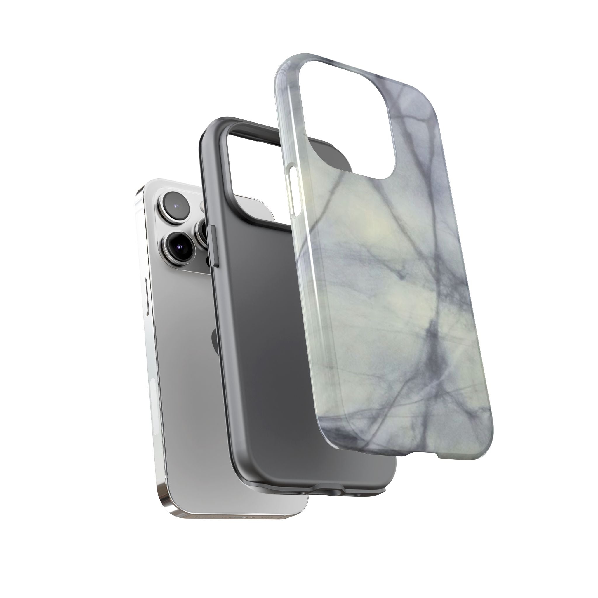 Phone case in impressive grey marble design with shock absorbing dual layer shell and UV resistance in 3D wrap