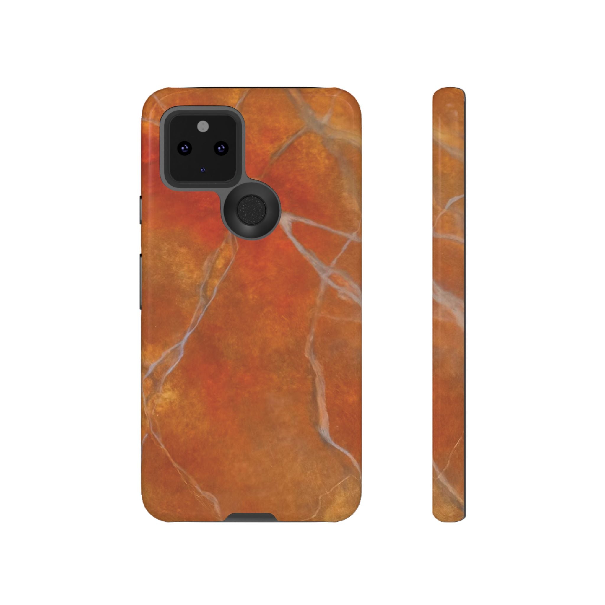 Phone case in sophisticated red orange marble design that is impact resistant tough in glossy or matte finish
