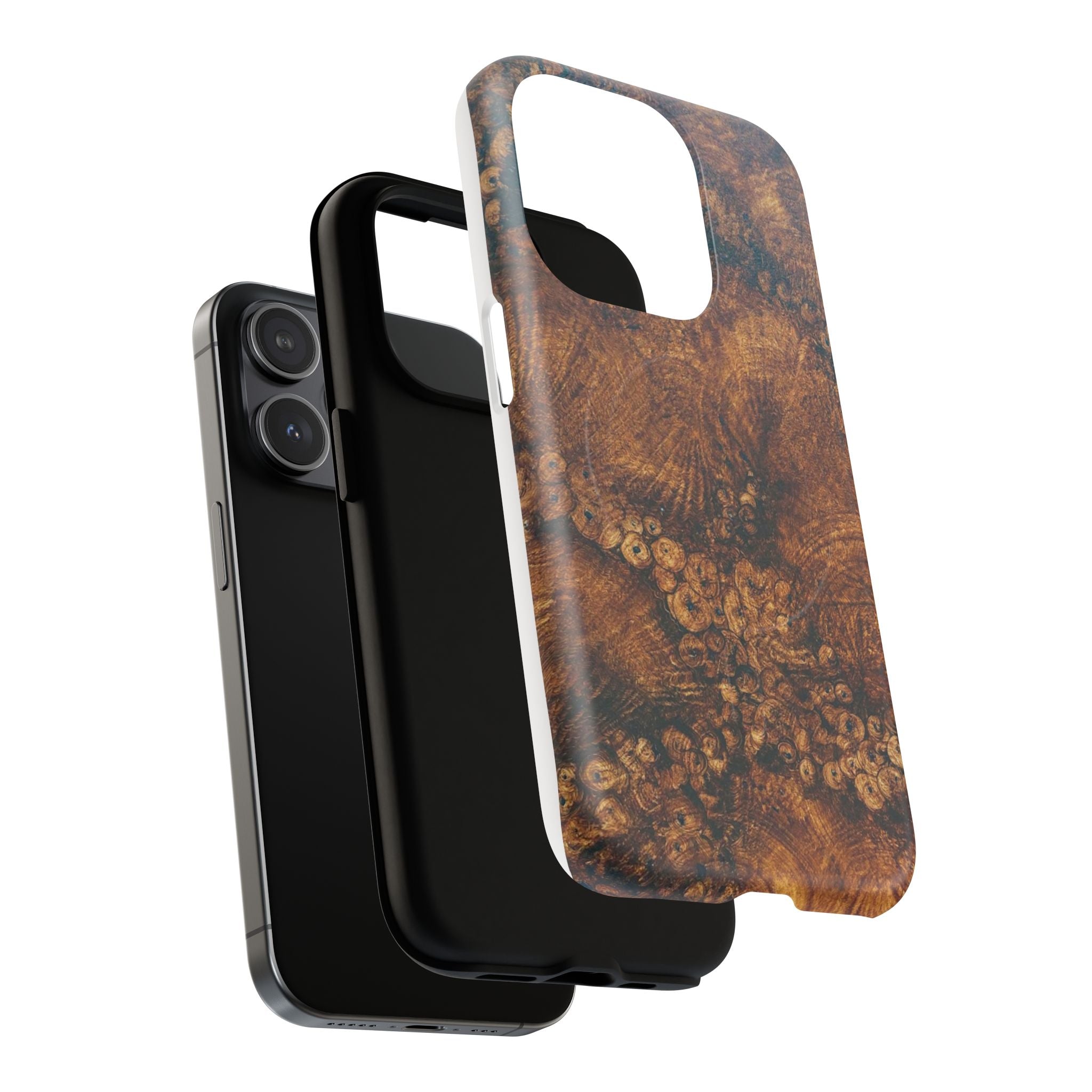 Magnetic iphone case with a natural Burl Wood Design compatible with MagSafe accessories in tough Dual Layer Shell