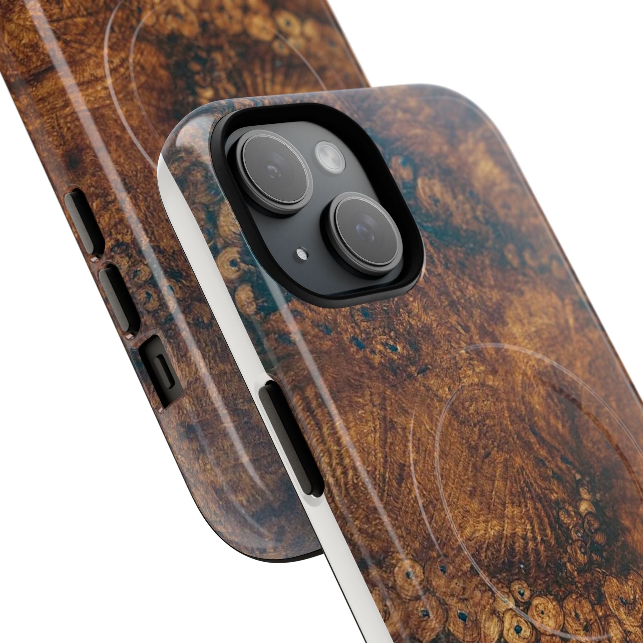 Magnetic iphone case with a natural Burl Wood Design compatible with MagSafe accessories in tough Dual Layer Shell