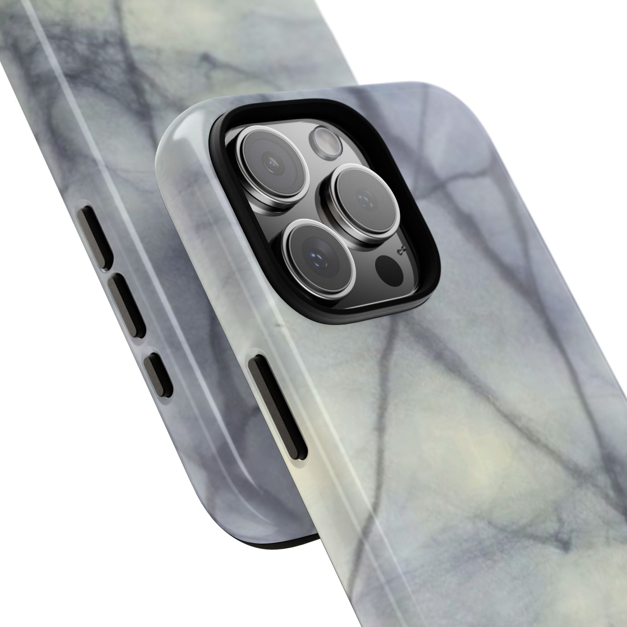 Phone case in impressive grey marble design with shock absorbing dual layer shell and UV resistance in 3D wrap