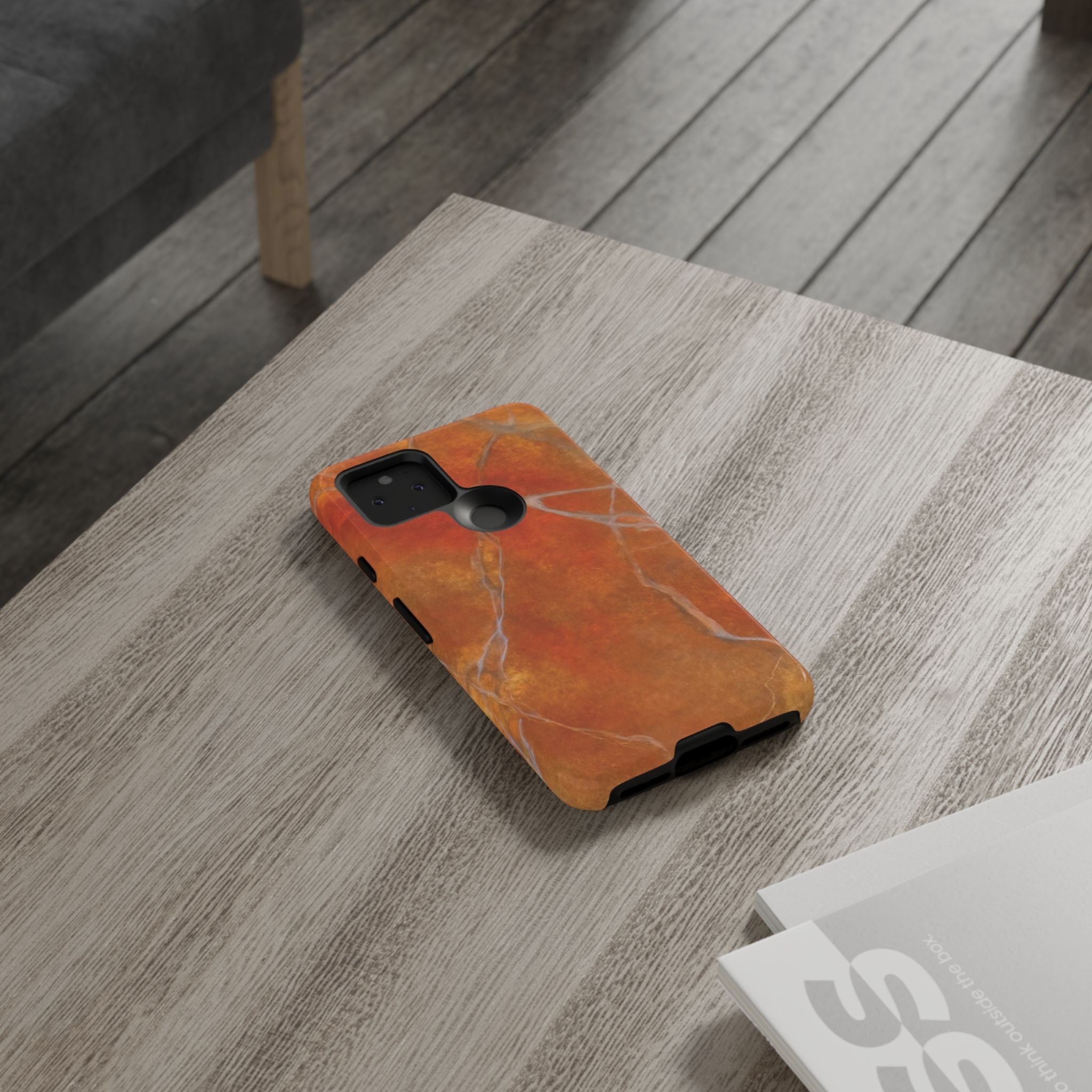 Phone case in sophisticated red orange marble design that is impact resistant tough in glossy or matte finish
