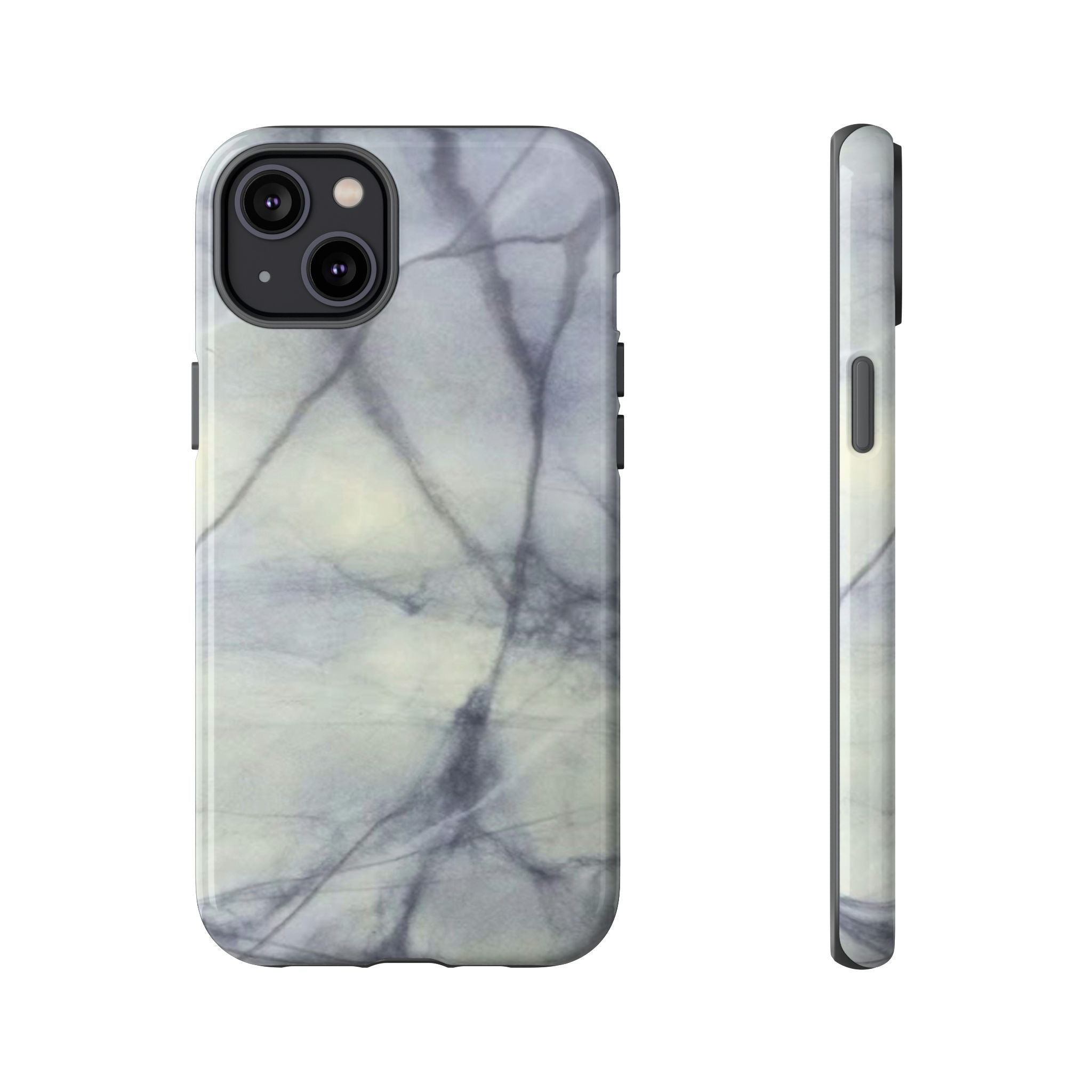 Phone case in impressive grey marble design with shock absorbing dual layer shell and UV resistance in 3D wrap